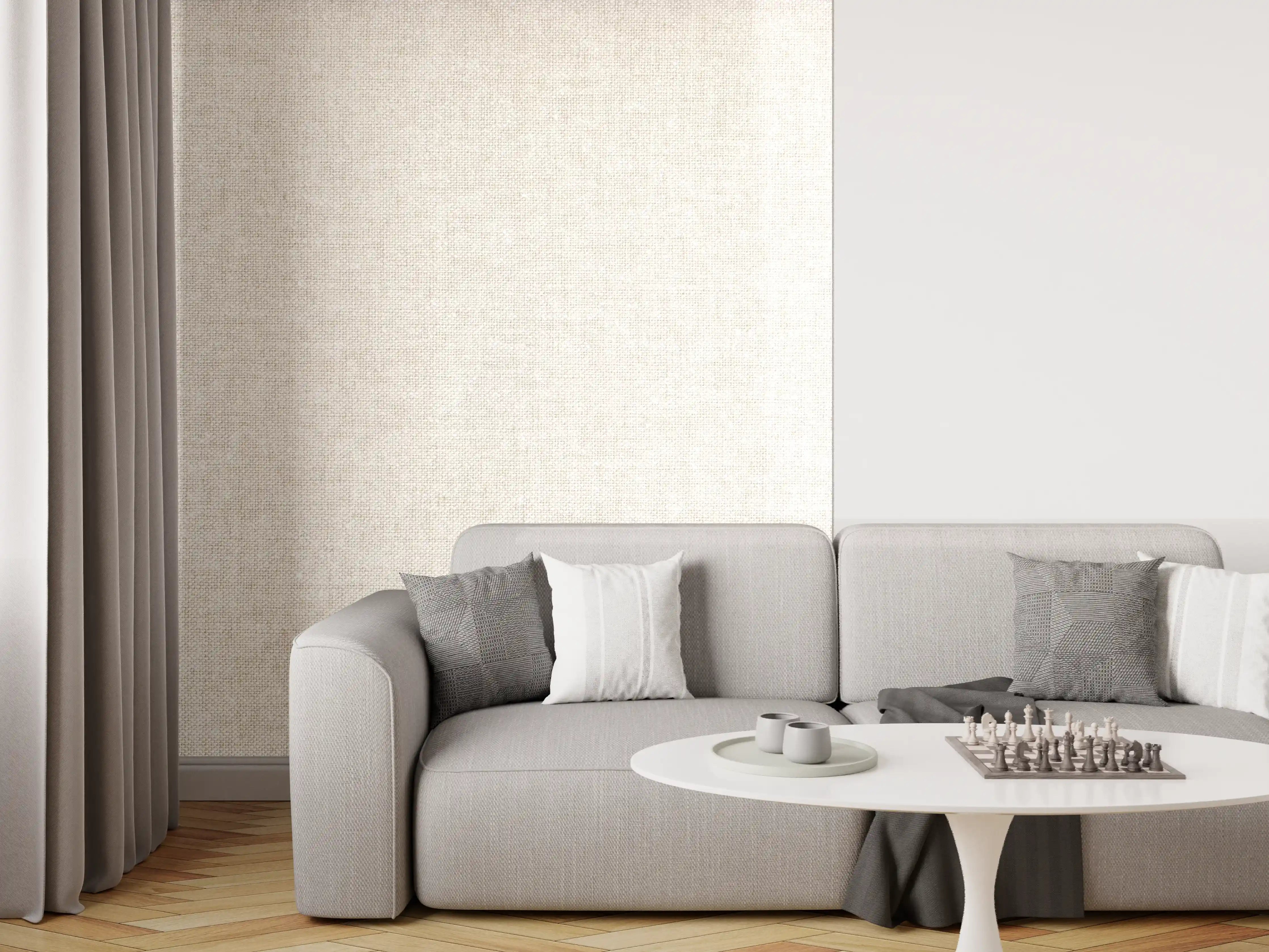 Wandverkleidung Wohnzimmer - Helles, neutralfarbenes Stoffmuster