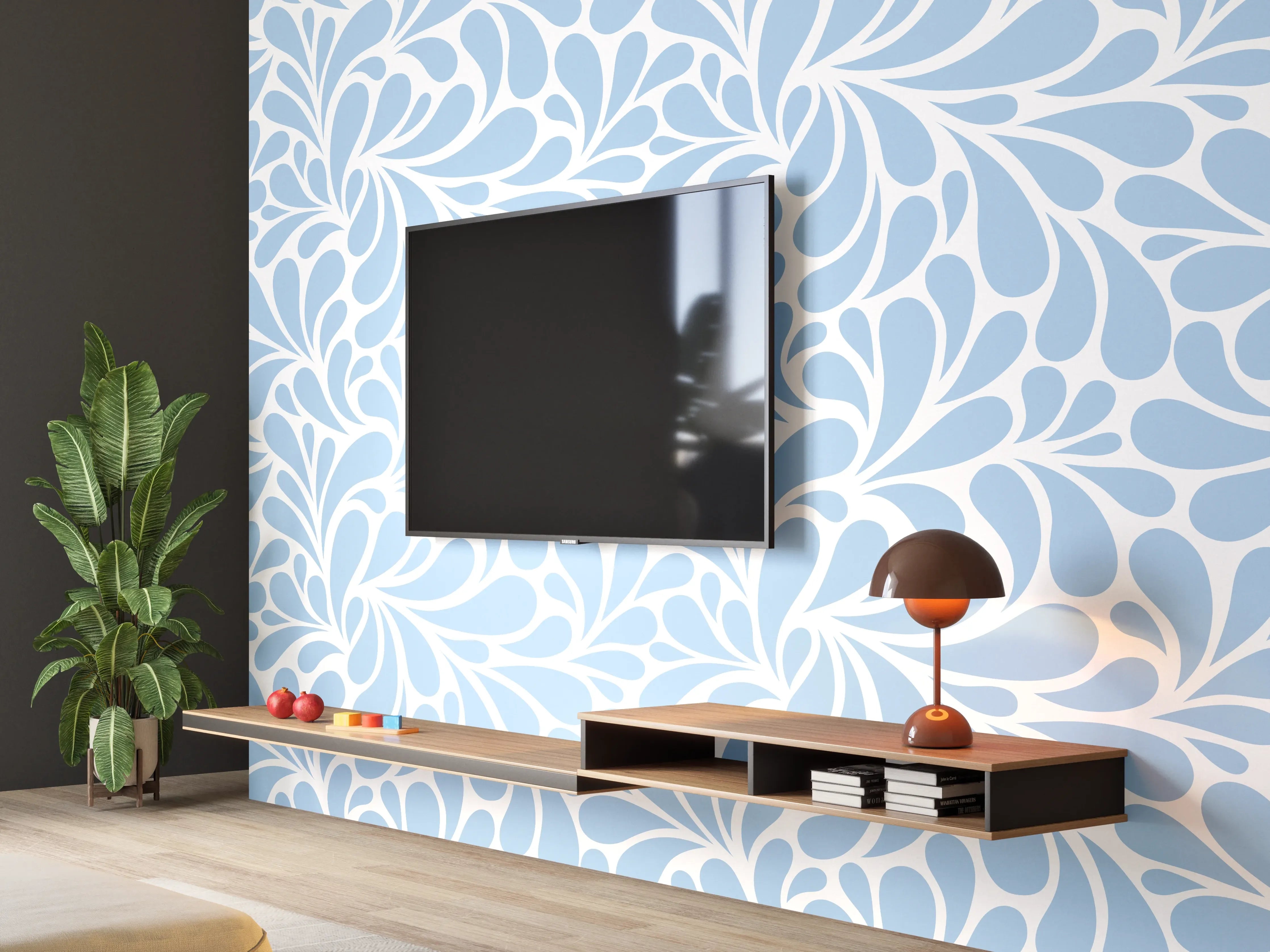 Wandverkleidung Wohnzimmer - Helles, zartes Blumenmuster in Blau und Weiß