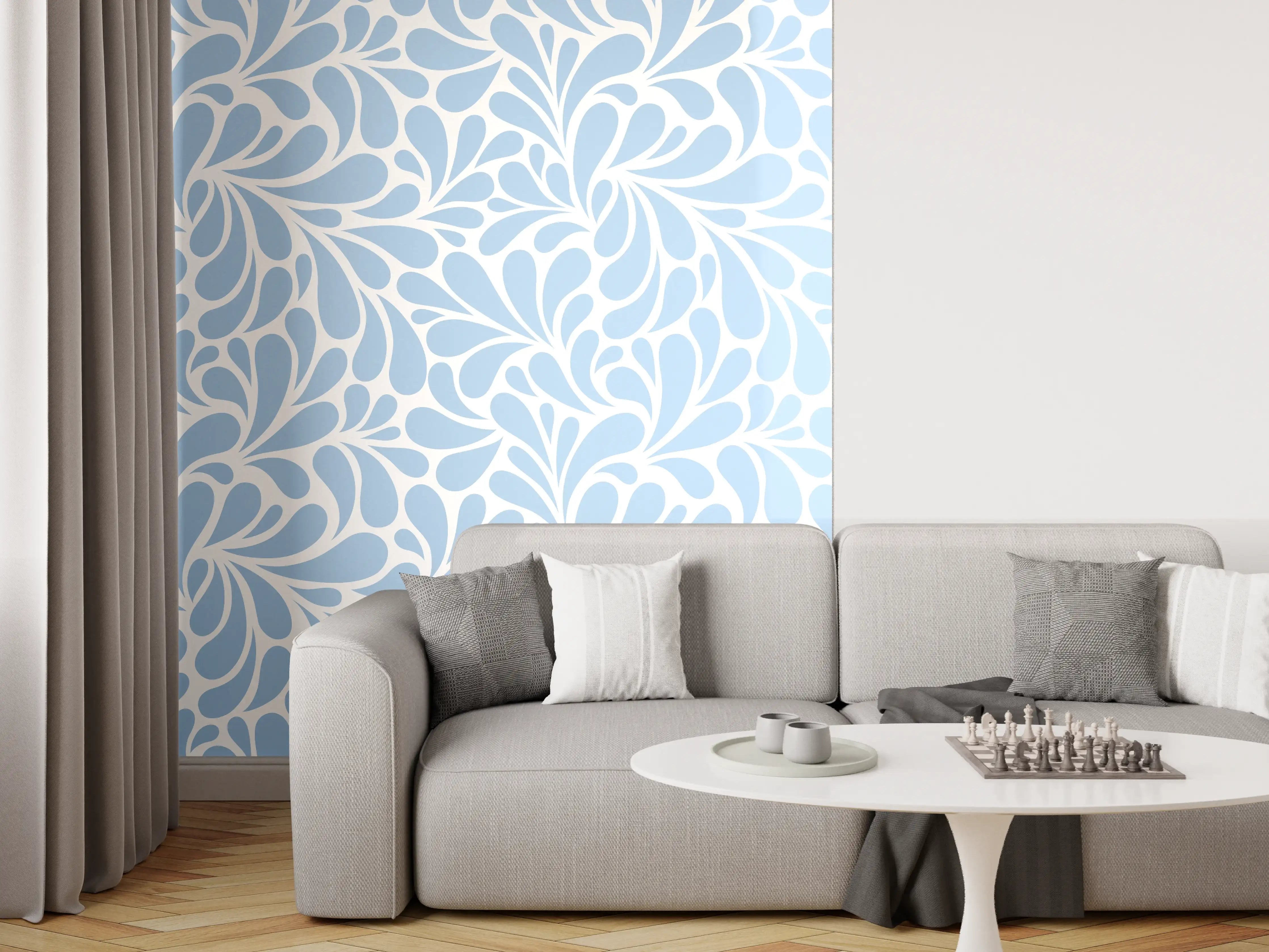 Wandverkleidung Wohnzimmer - Helles, zartes Blumenmuster in Blau und Weiß
