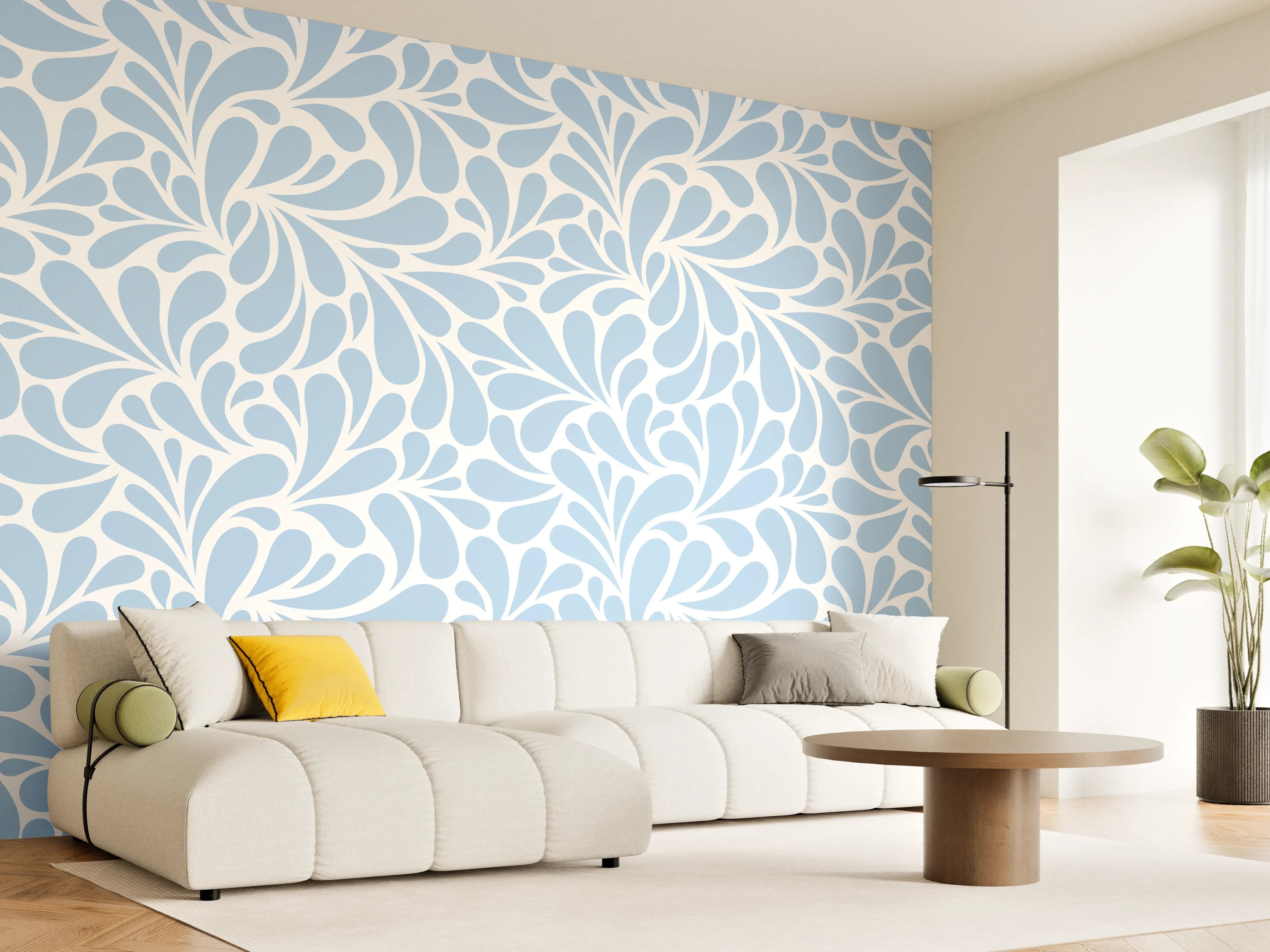 Wandverkleidung Wohnzimmer - Helles, zartes Blumenmuster in Blau und Weiß