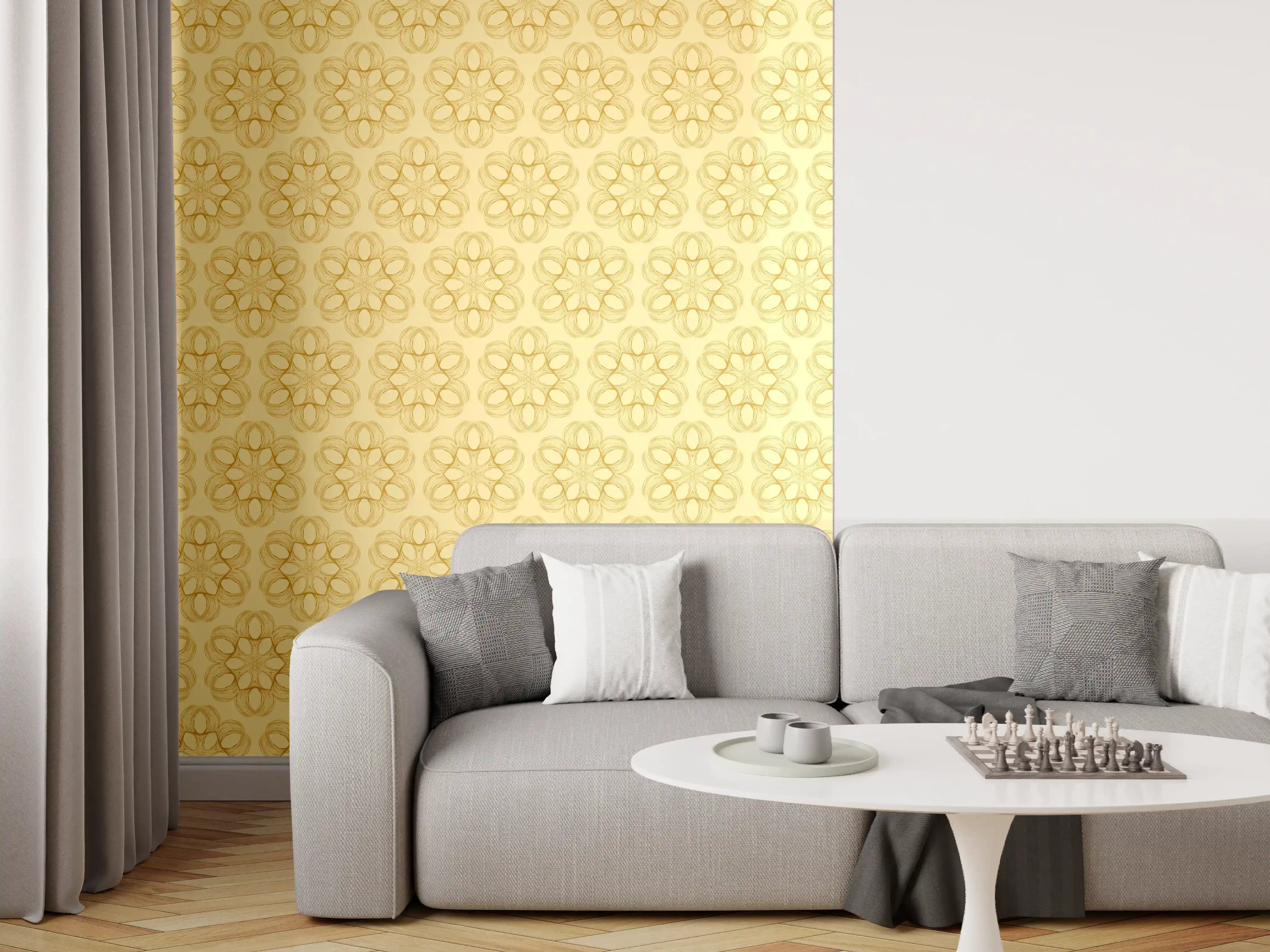 Wandverkleidung Wohnzimmer - Hellgelbe Wand mit Blumendekor
