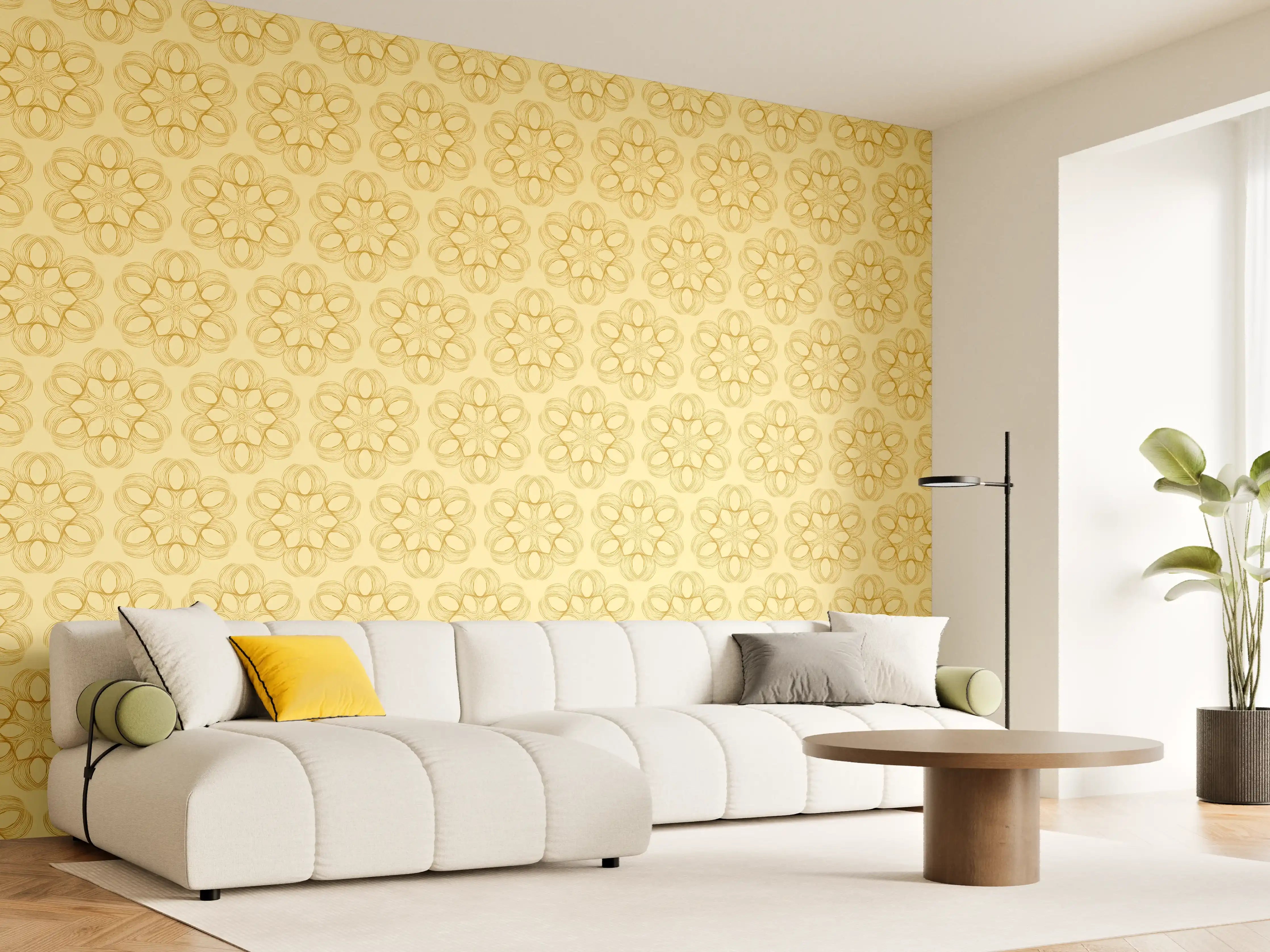 Wandverkleidung Wohnzimmer - Hellgelbe Wand mit Blumendekor