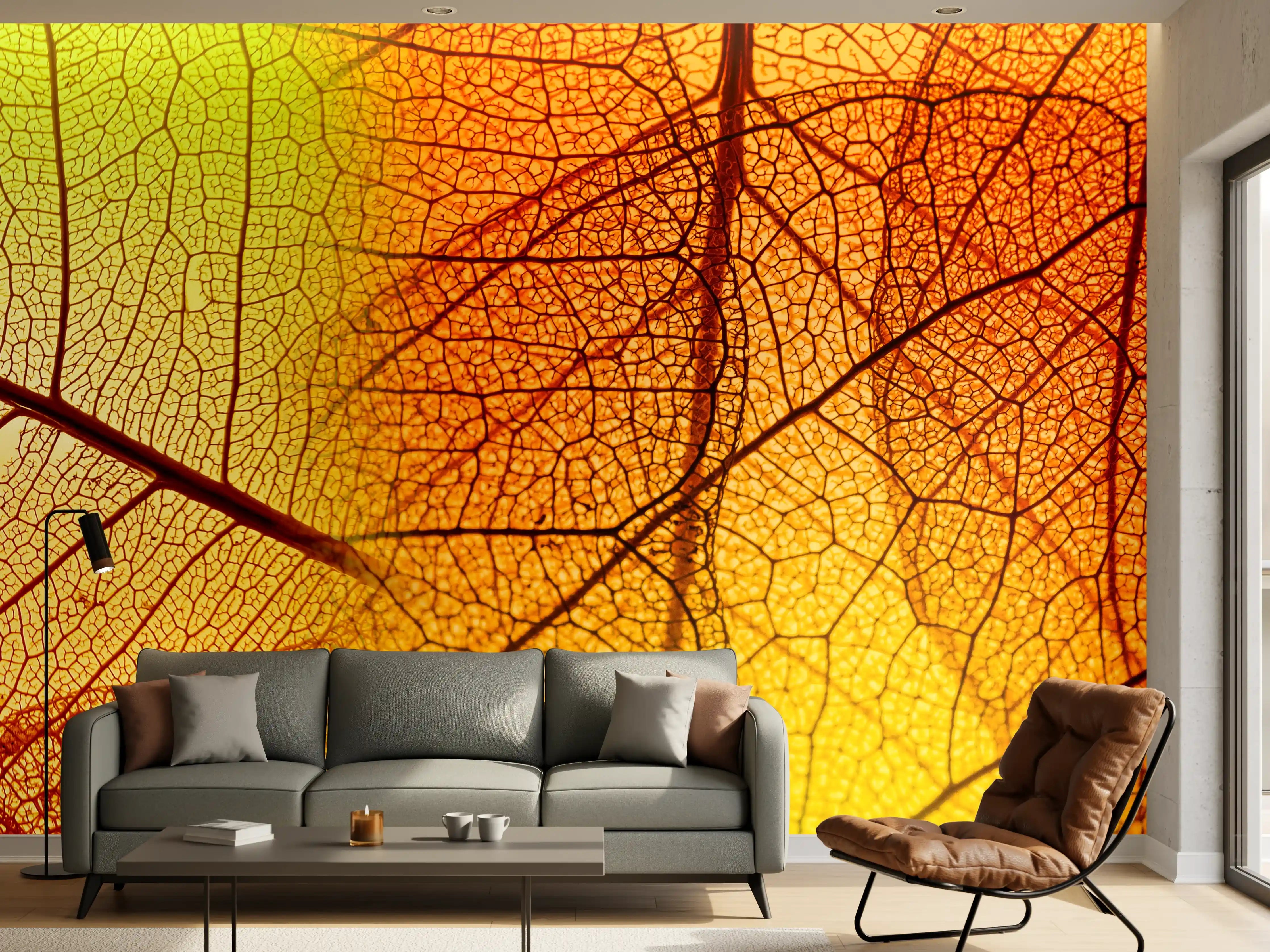 Wandverkleidung Wohnzimmer - Herbstblätter in lebendigen Farben