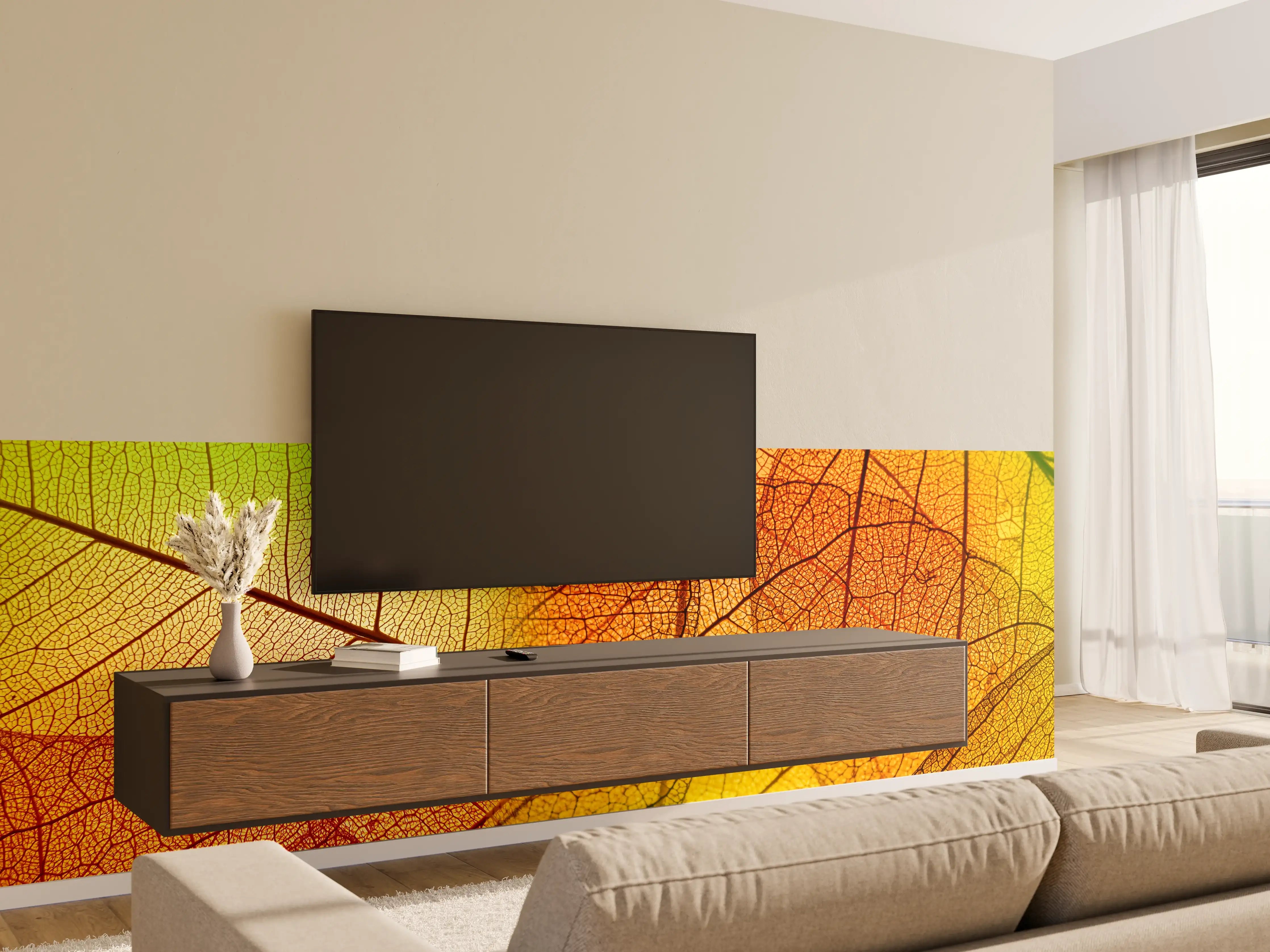 Wandverkleidung Wohnzimmer - Herbstblätter in lebendigen Farben