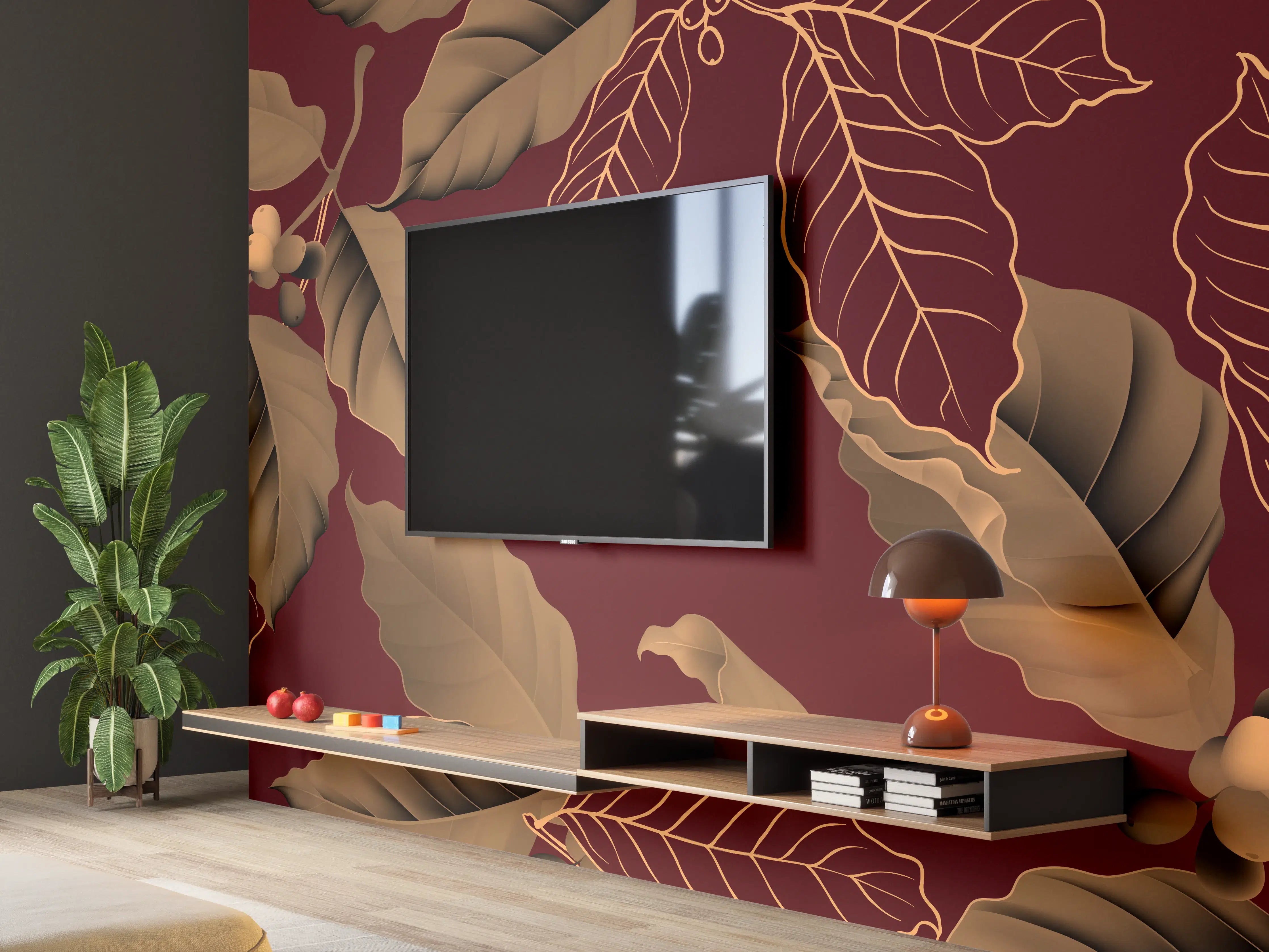 Wandverkleidung Wohnzimmer - Herbstlaub Rot-Gold Muster