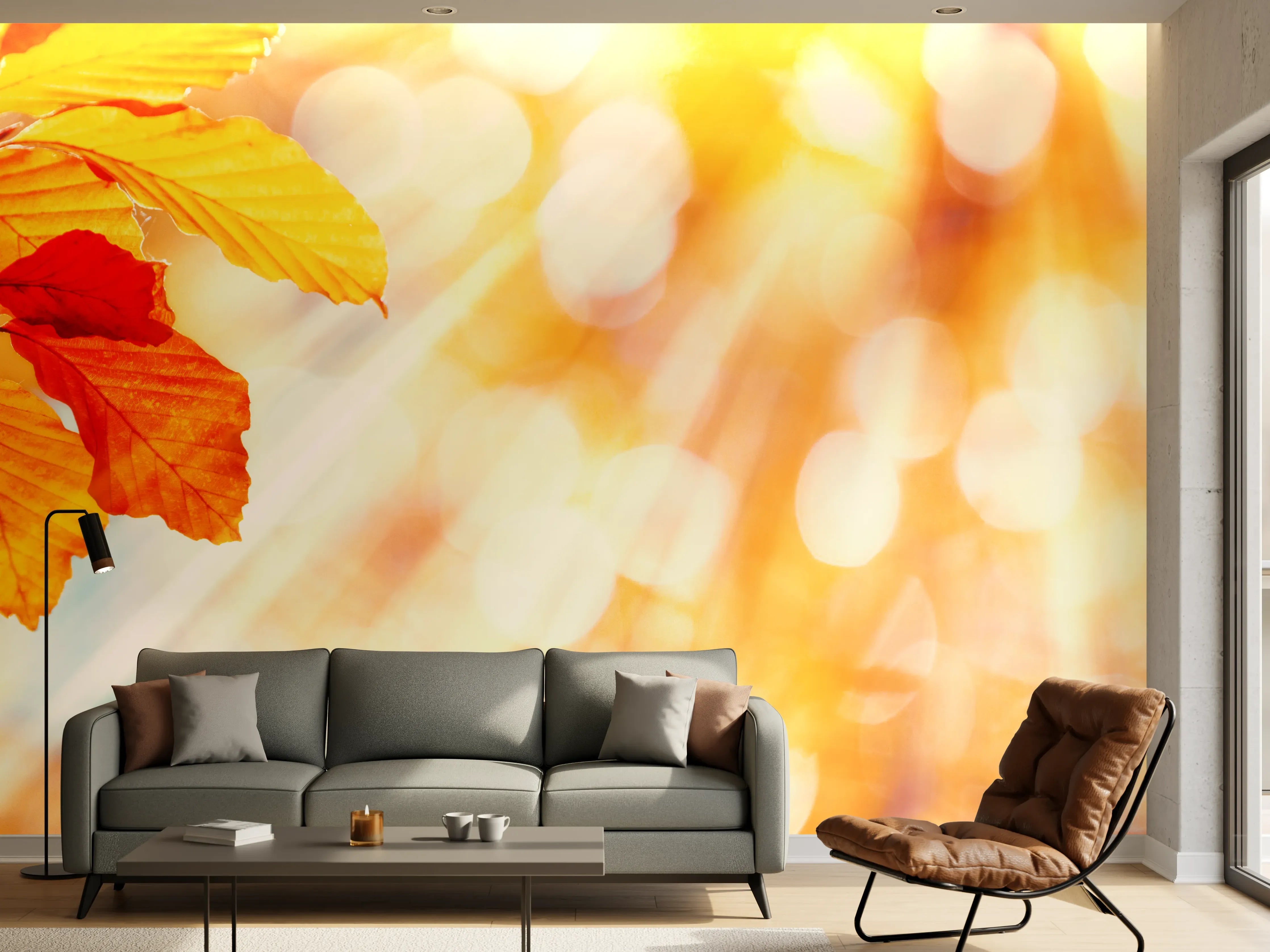 Wandverkleidung Wohnzimmer - Herbstliche Blätter in warmem Sonnenlicht