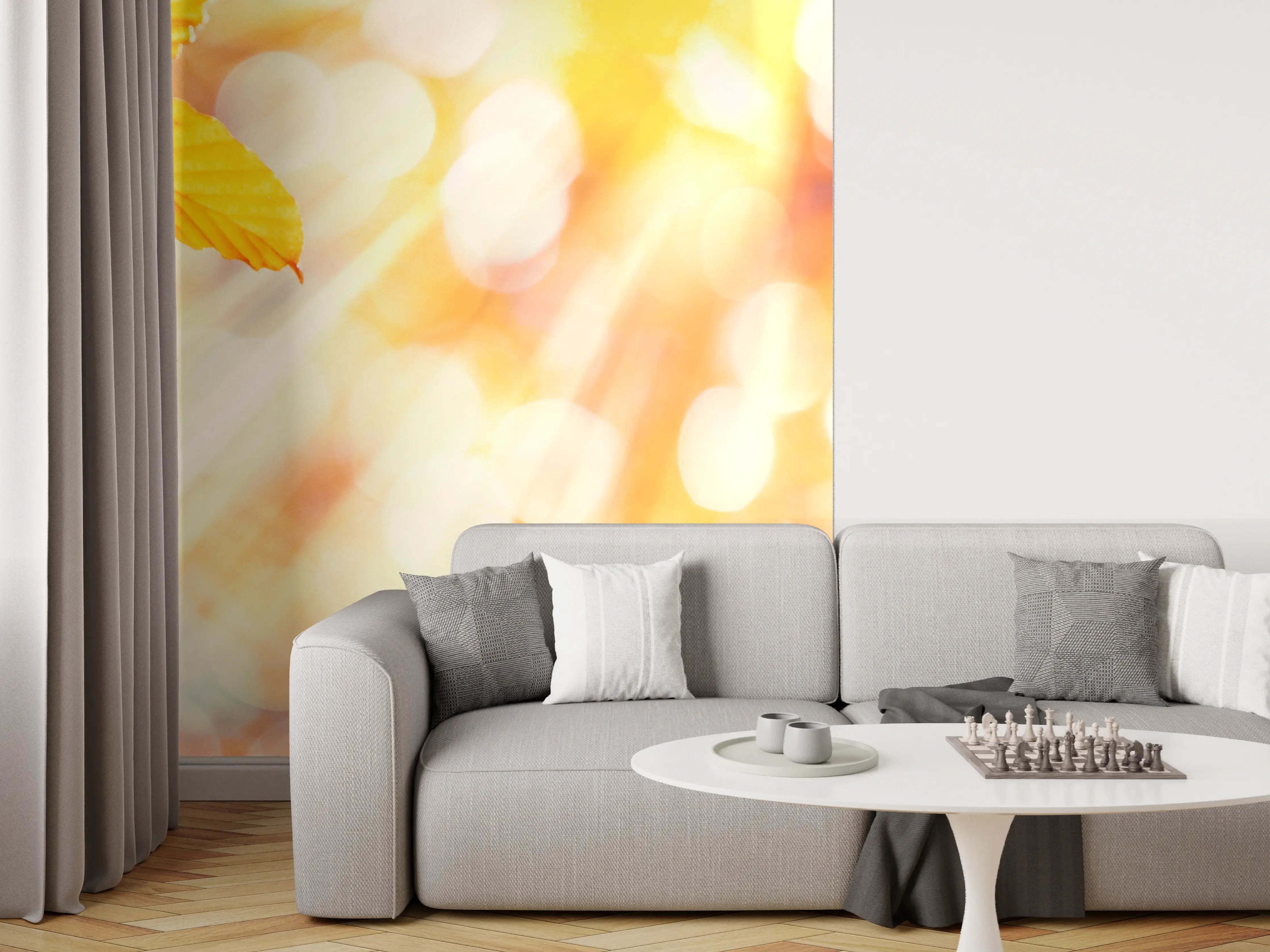 Wandverkleidung Wohnzimmer - Herbstliche Blätter in warmem Sonnenlicht