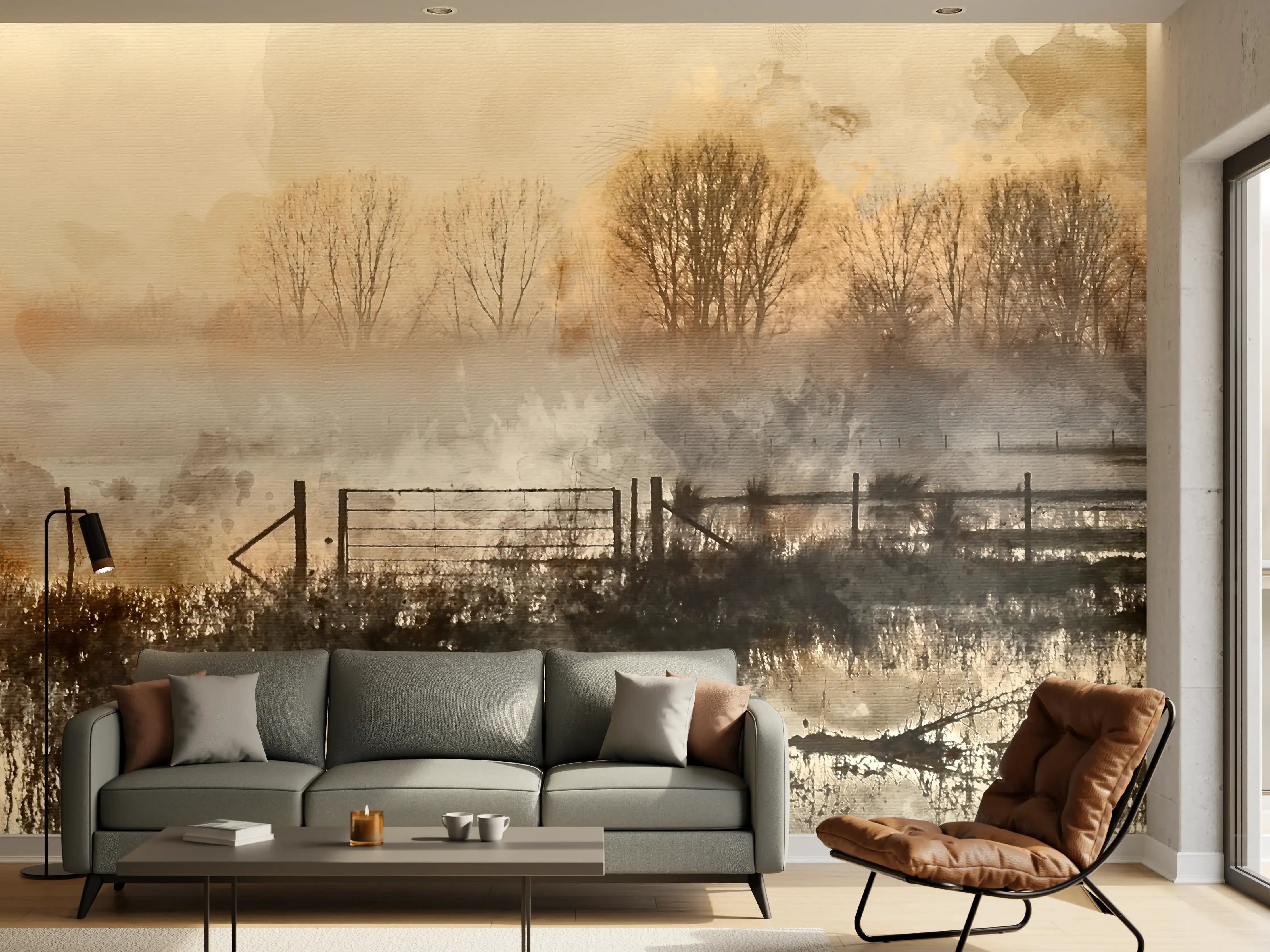 Wandverkleidung Wohnzimmer - Herbstliche Landschaft mit Brücke