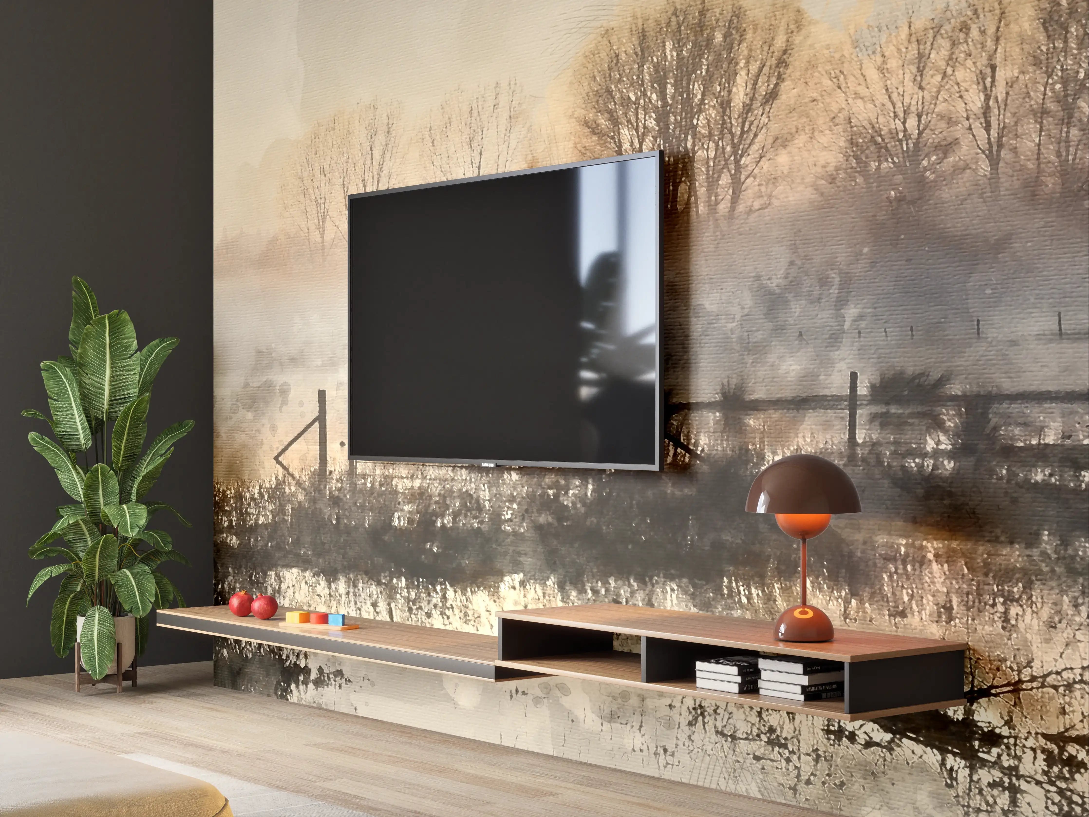 Wandverkleidung Wohnzimmer - Herbstliche Landschaft mit Brücke