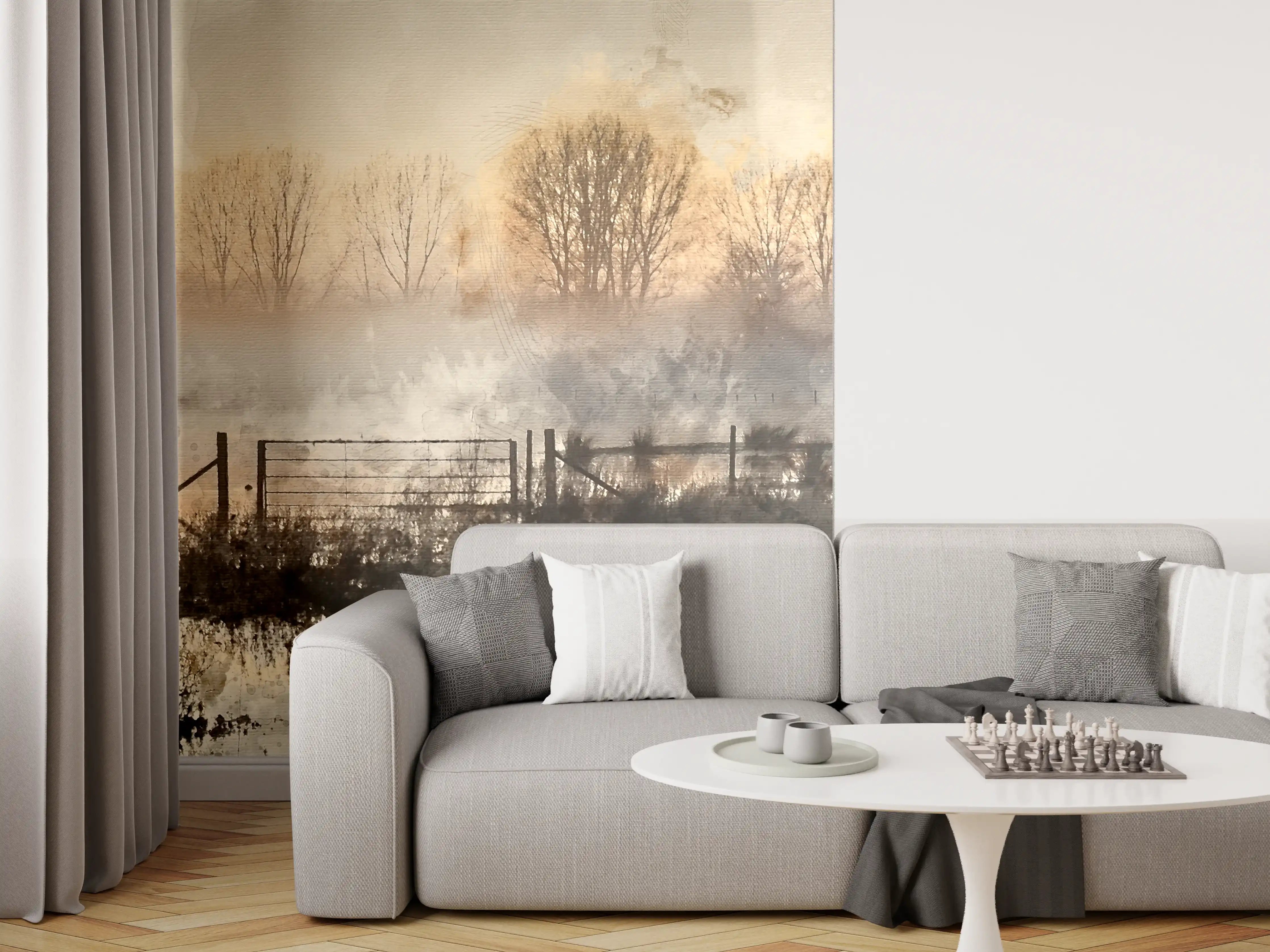 Wandverkleidung Wohnzimmer - Herbstliche Landschaft mit Brücke