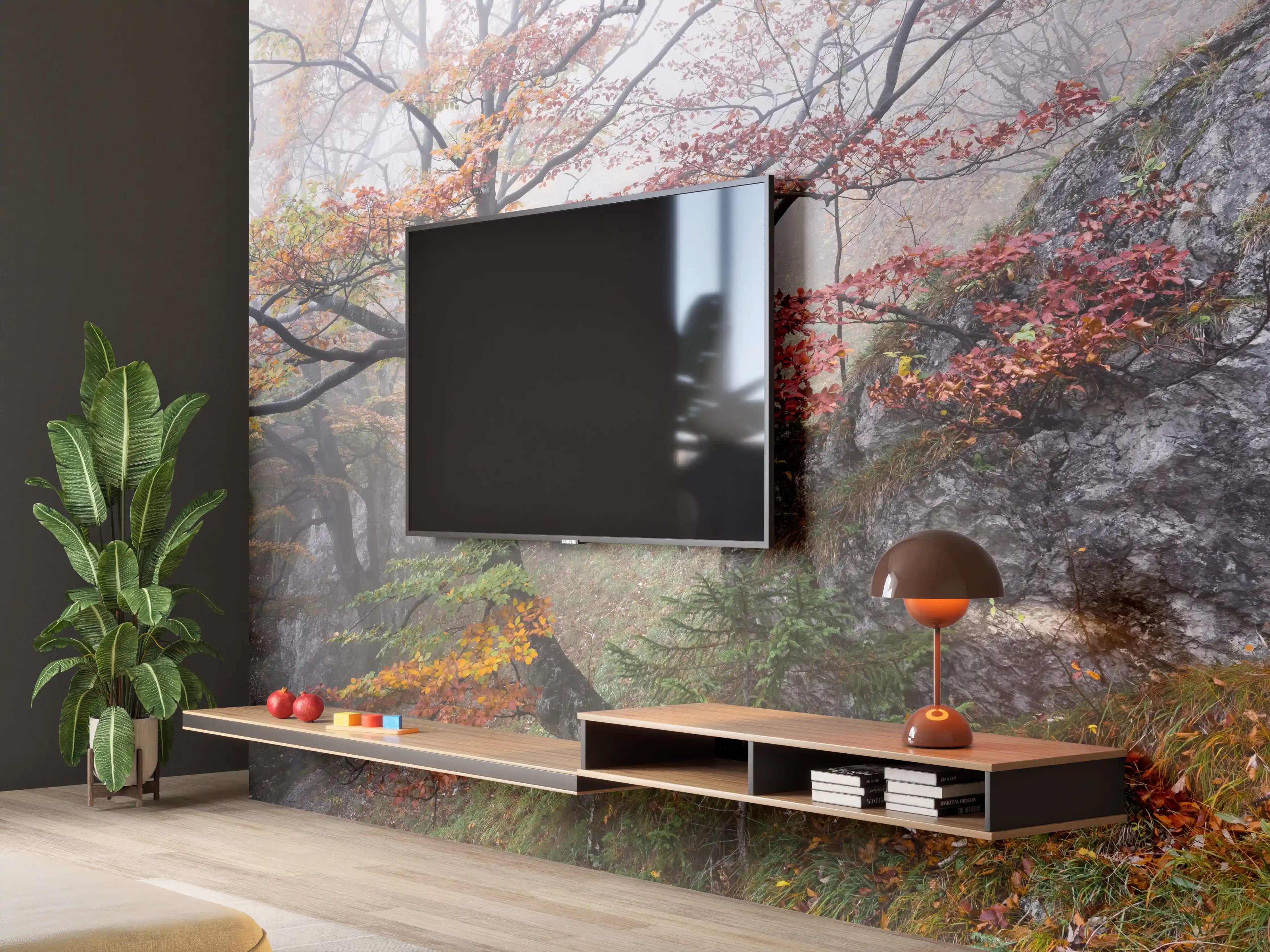 Wandverkleidung Wohnzimmer - Herbstliche Landschaft mit nebelverhangenem Baum