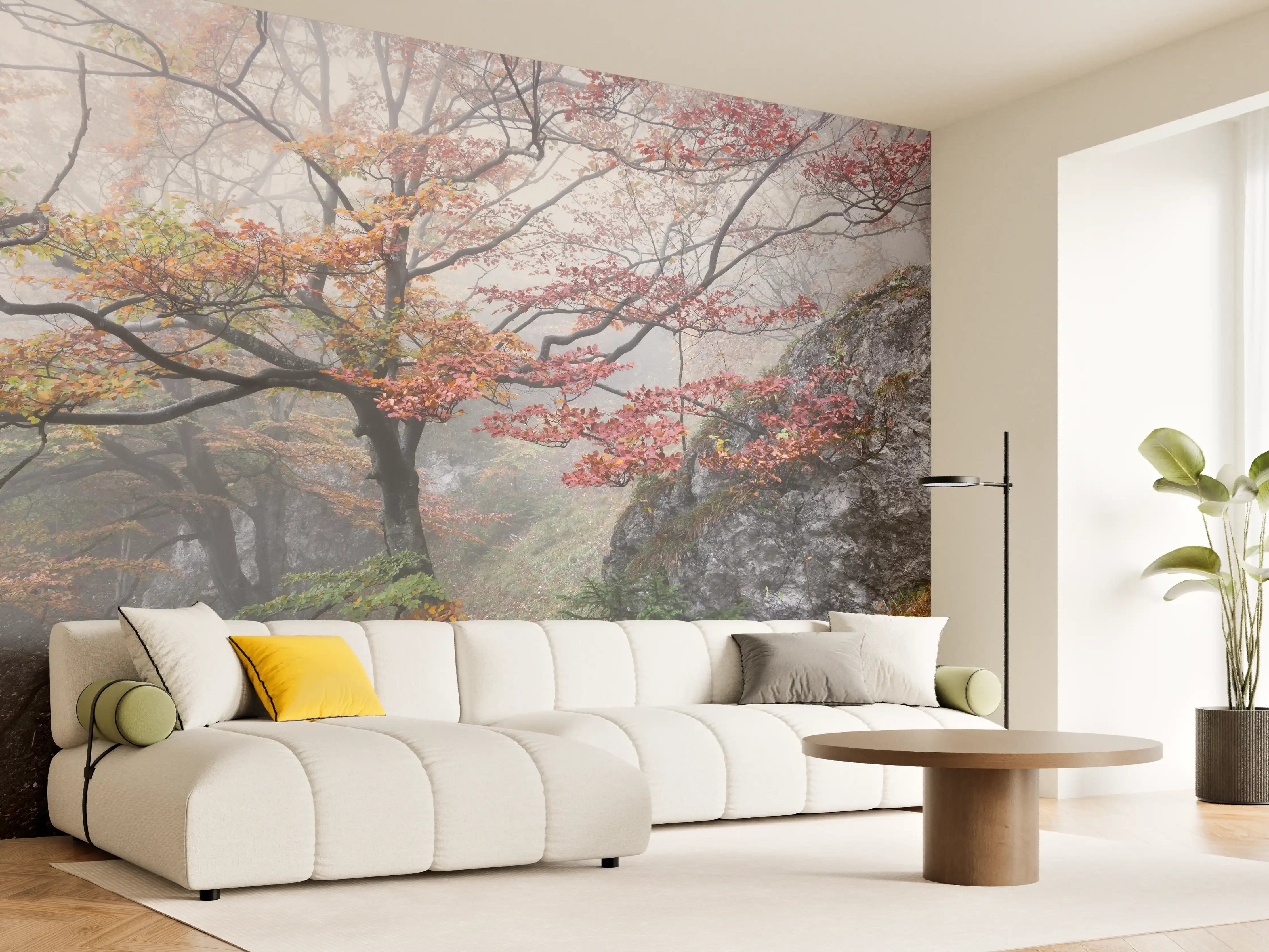 Wandverkleidung Wohnzimmer - Herbstliche Landschaft mit nebelverhangenem Baum