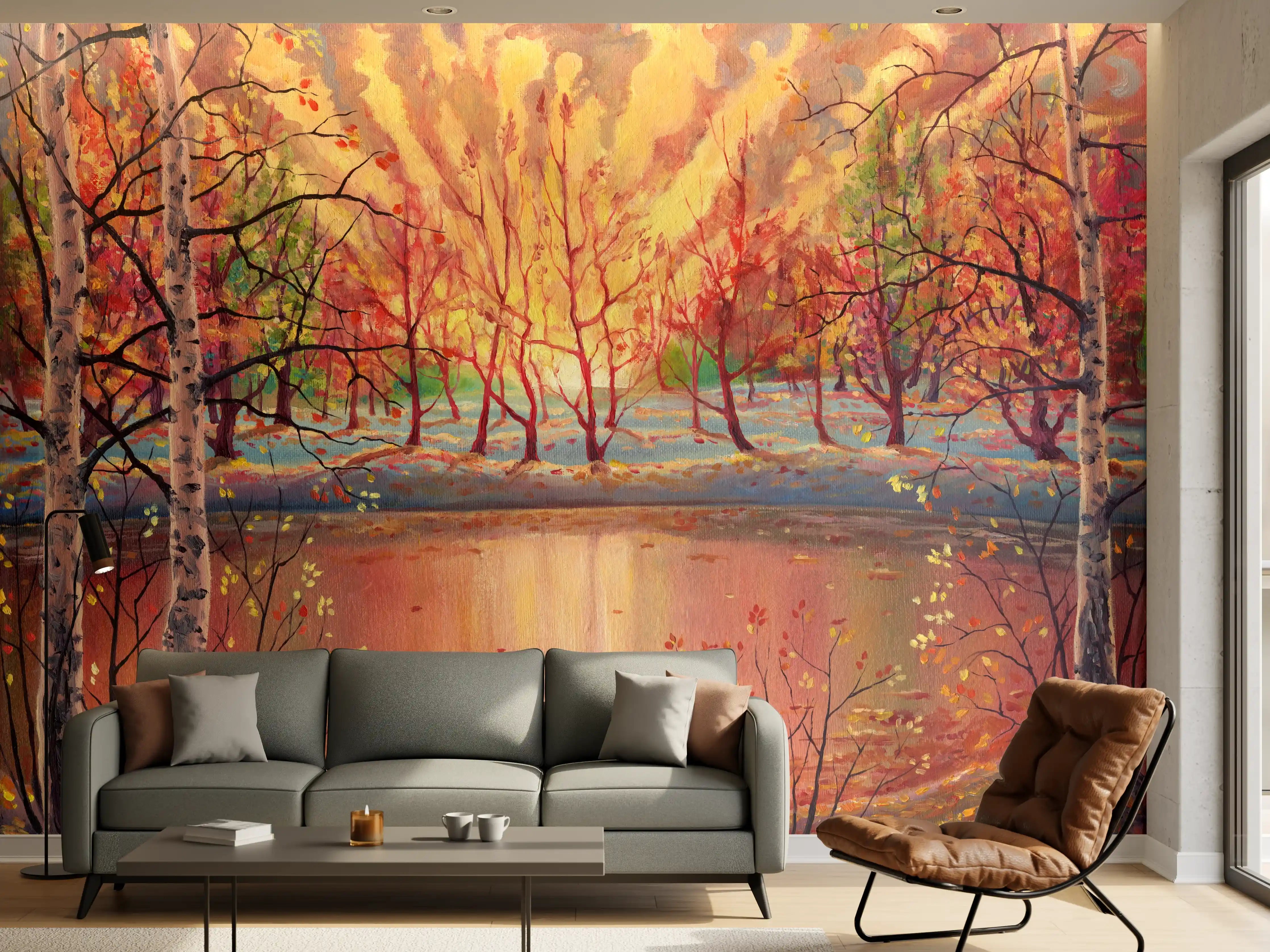 Wandverkleidung Wohnzimmer - Herbstliche Naturkulisse mit Wasserreflexionen
