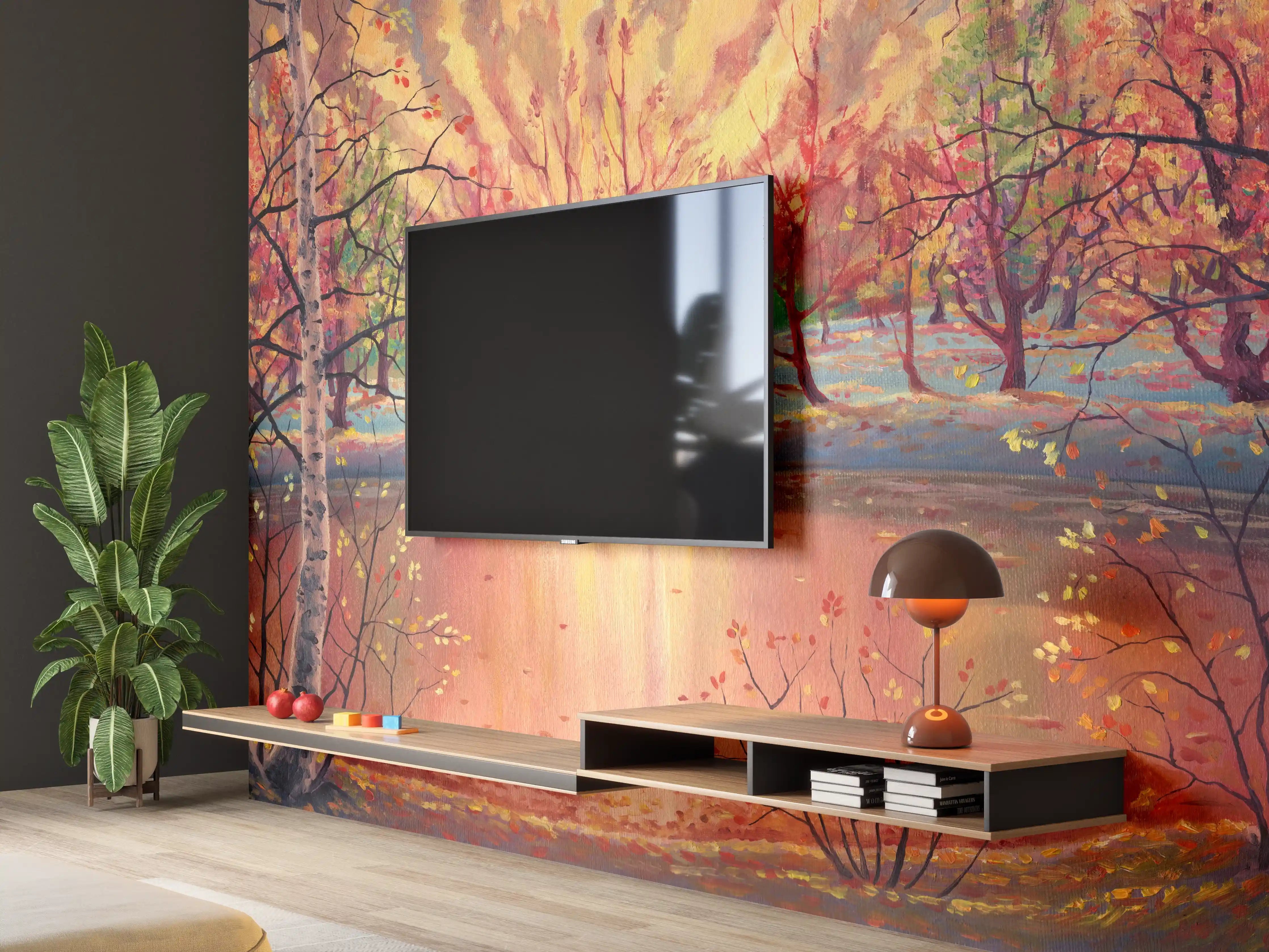 Wandverkleidung Wohnzimmer - Herbstliche Naturkulisse mit Wasserreflexionen