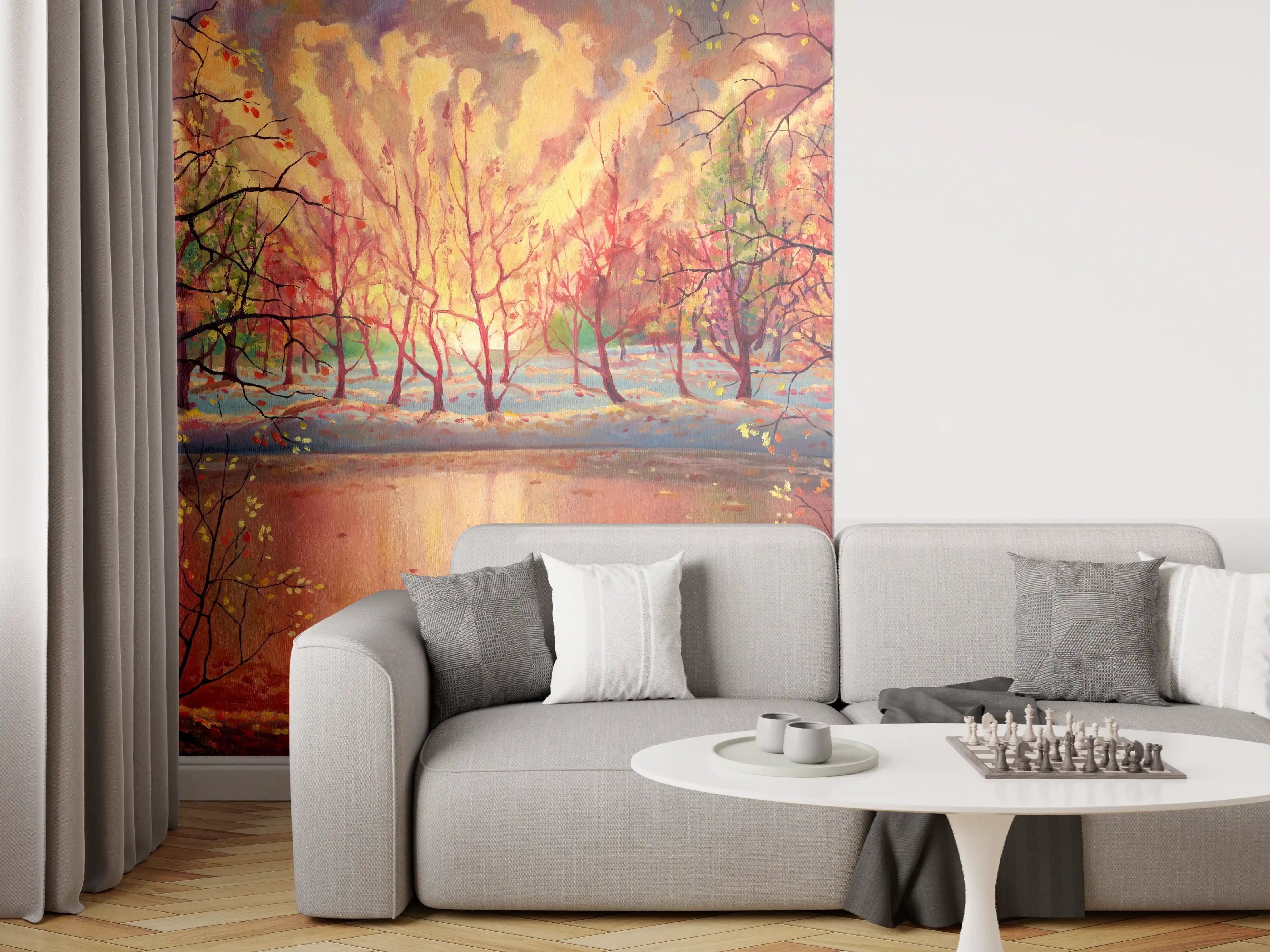 Wandverkleidung Wohnzimmer - Herbstliche Naturkulisse mit Wasserreflexionen