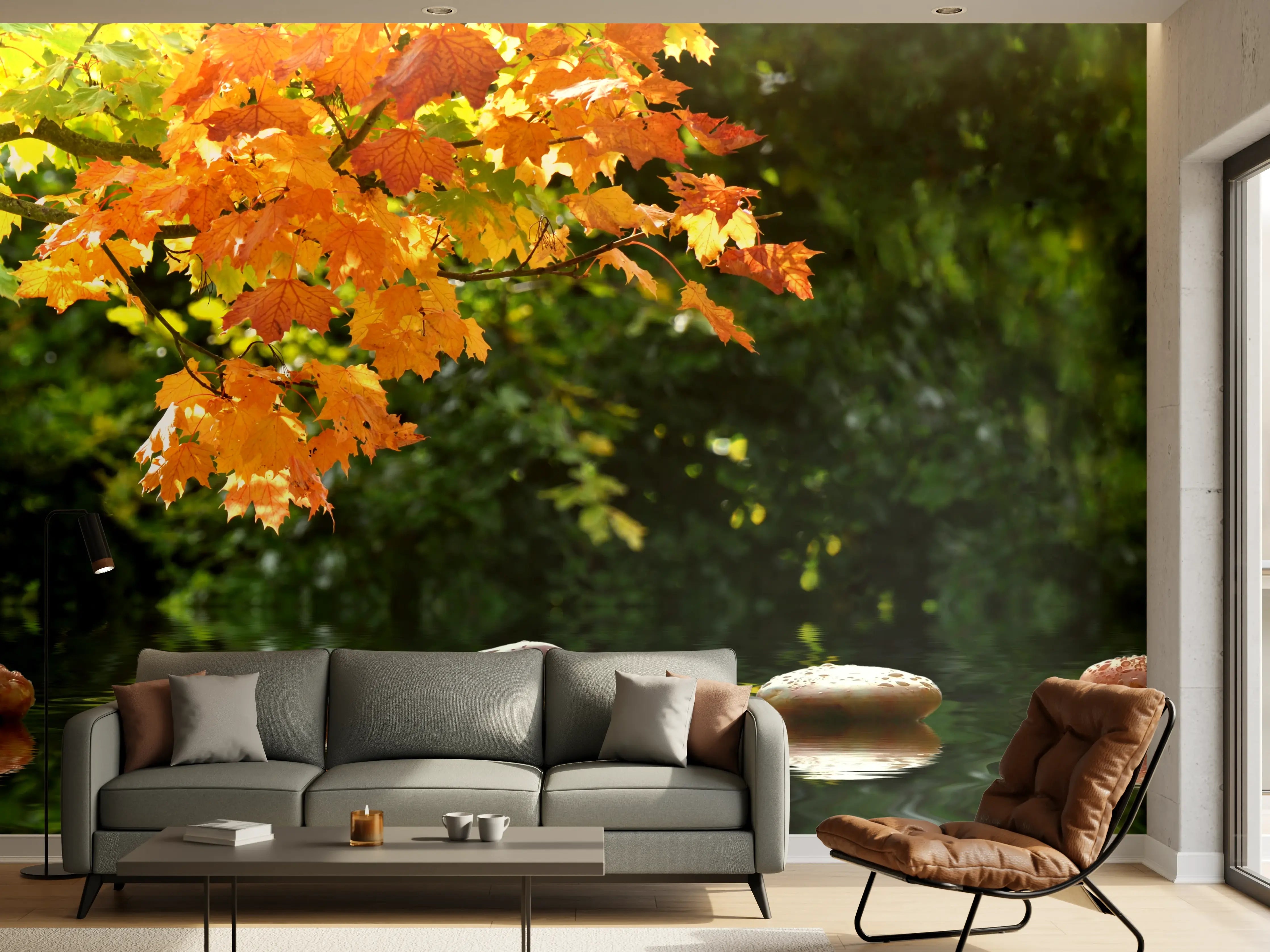 Wandverkleidung Wohnzimmer - Herbstliche Wasserlandschaft mit bunten Blättern