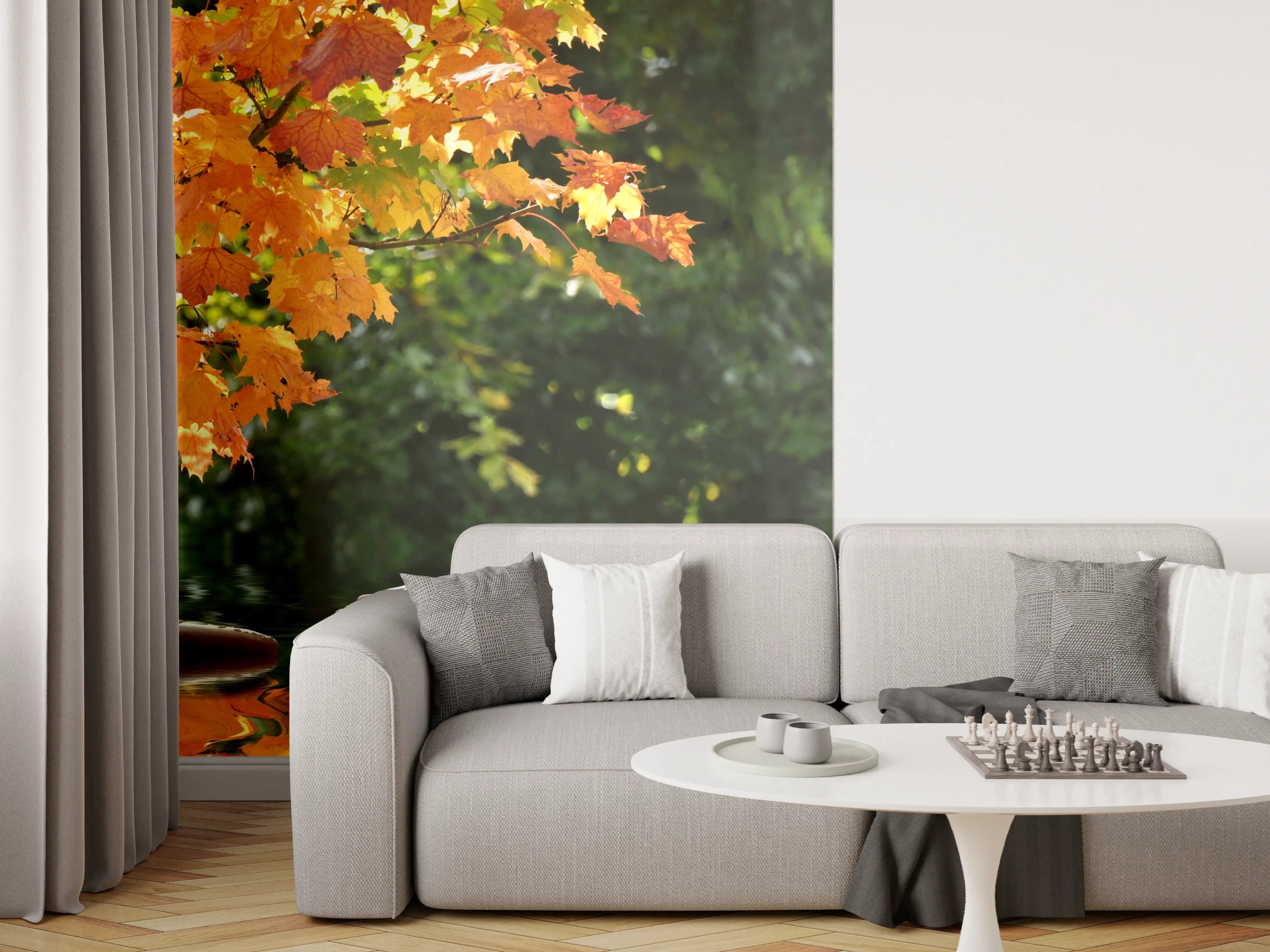 Wandverkleidung Wohnzimmer - Herbstliche Wasserlandschaft mit bunten Blättern
