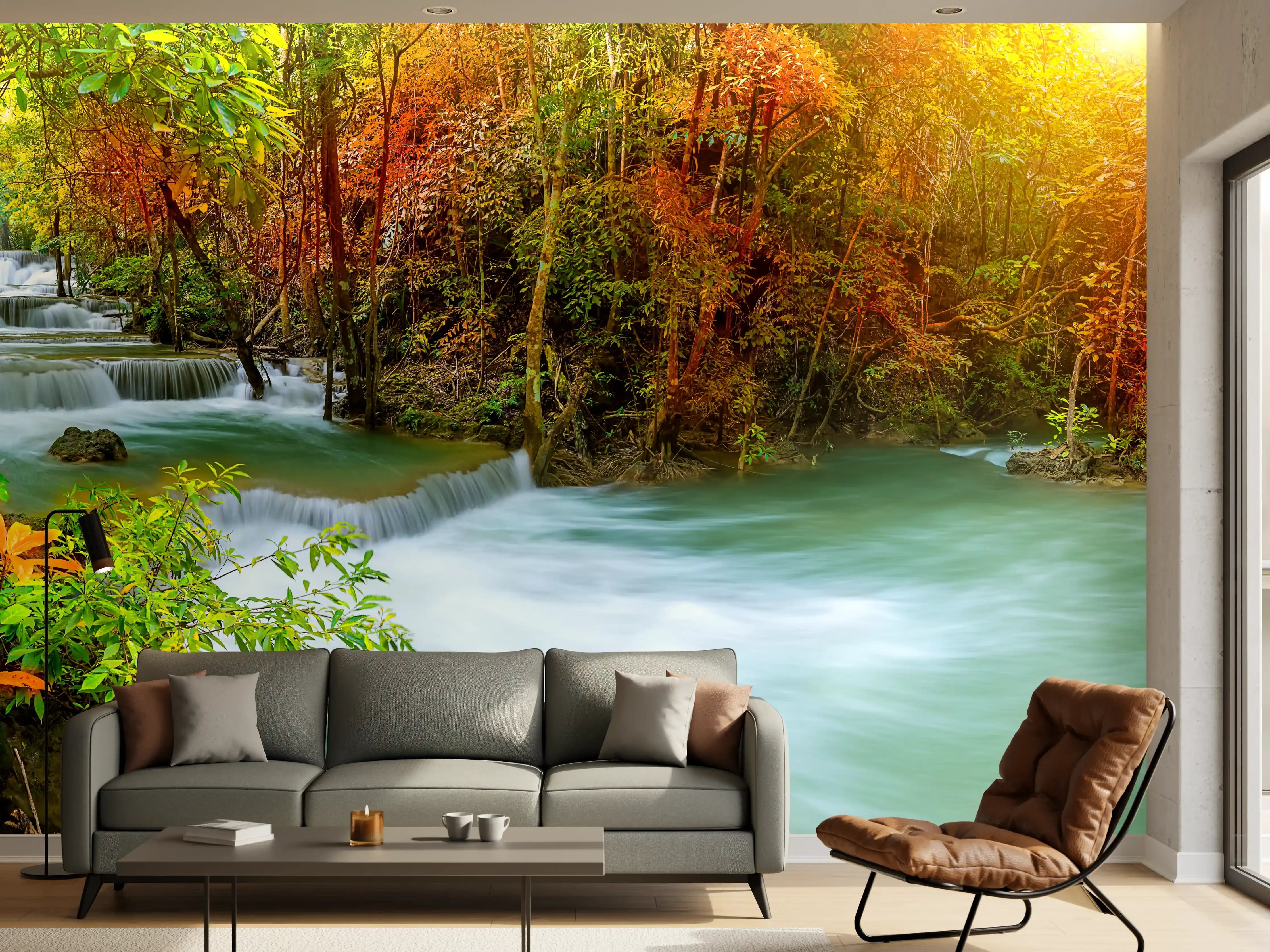 Wandverkleidung Wohnzimmer - Herbstlicher Türkis-Wasserfall
