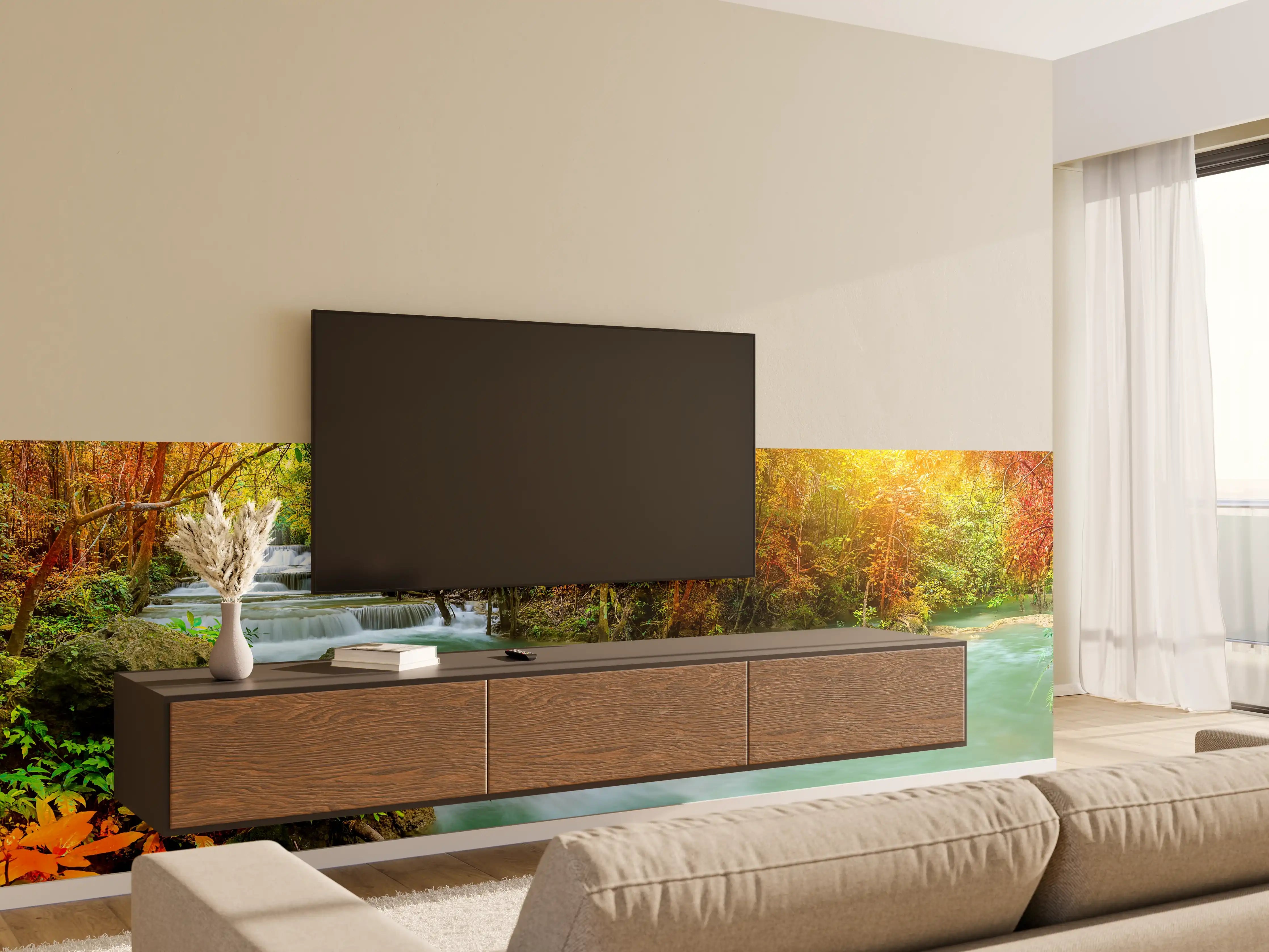 Wandverkleidung Wohnzimmer - Herbstlicher Türkis-Wasserfall