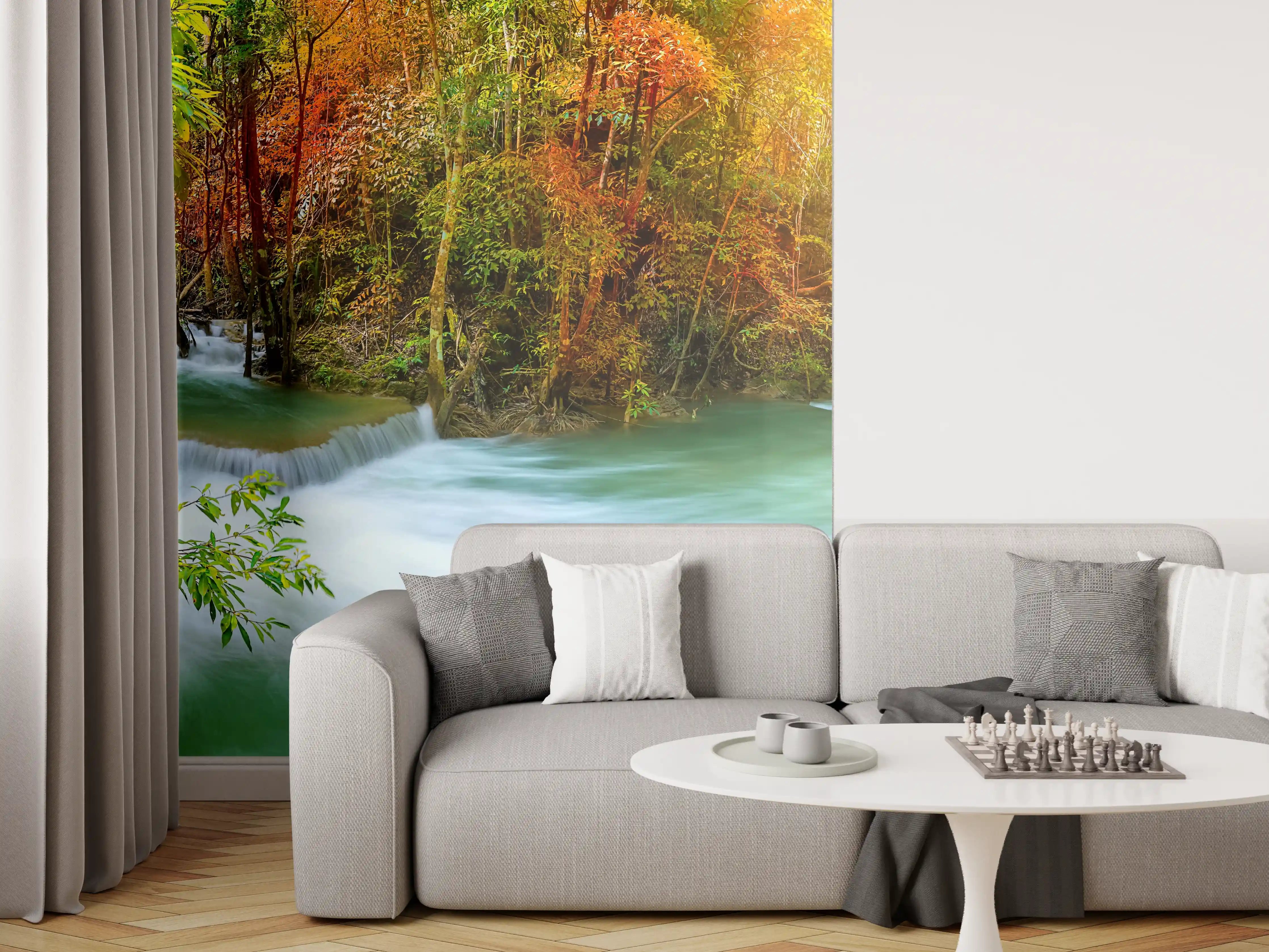 Wandverkleidung Wohnzimmer - Herbstlicher Türkis-Wasserfall