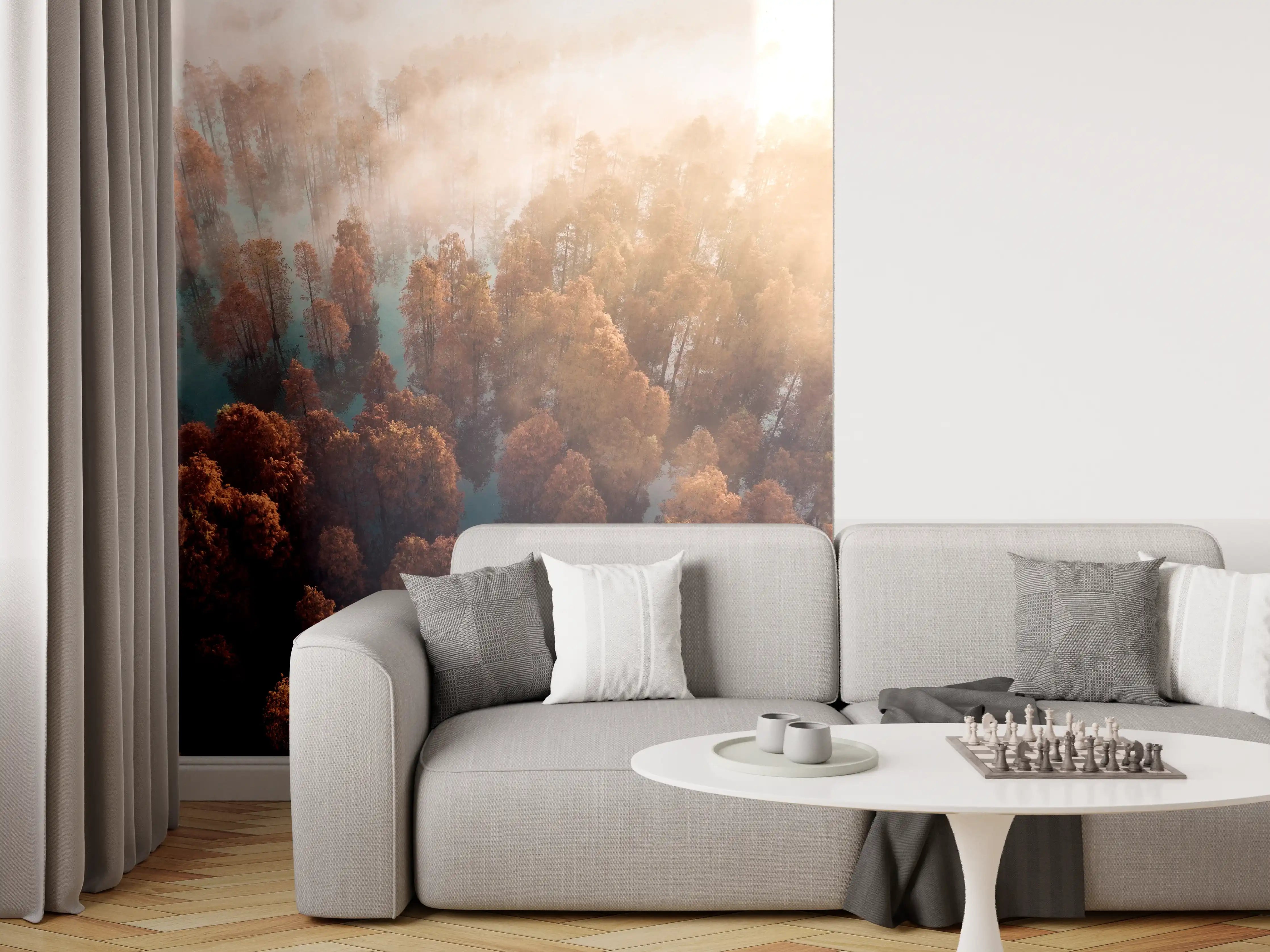 Wandverkleidung Wohnzimmer - Herbstlicher Wald im Morgengrauen