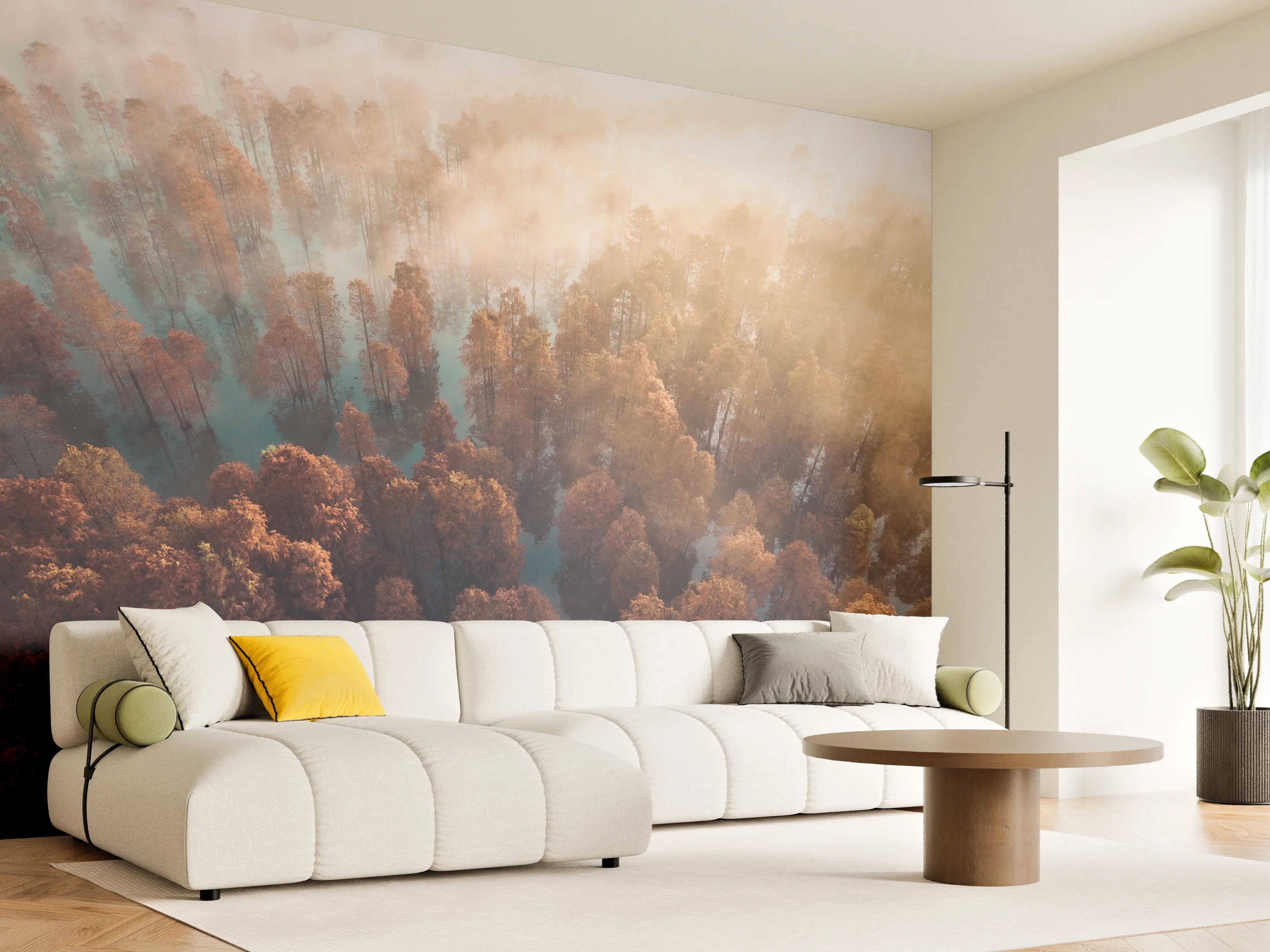 Wandverkleidung Wohnzimmer - Herbstlicher Wald im Morgengrauen
