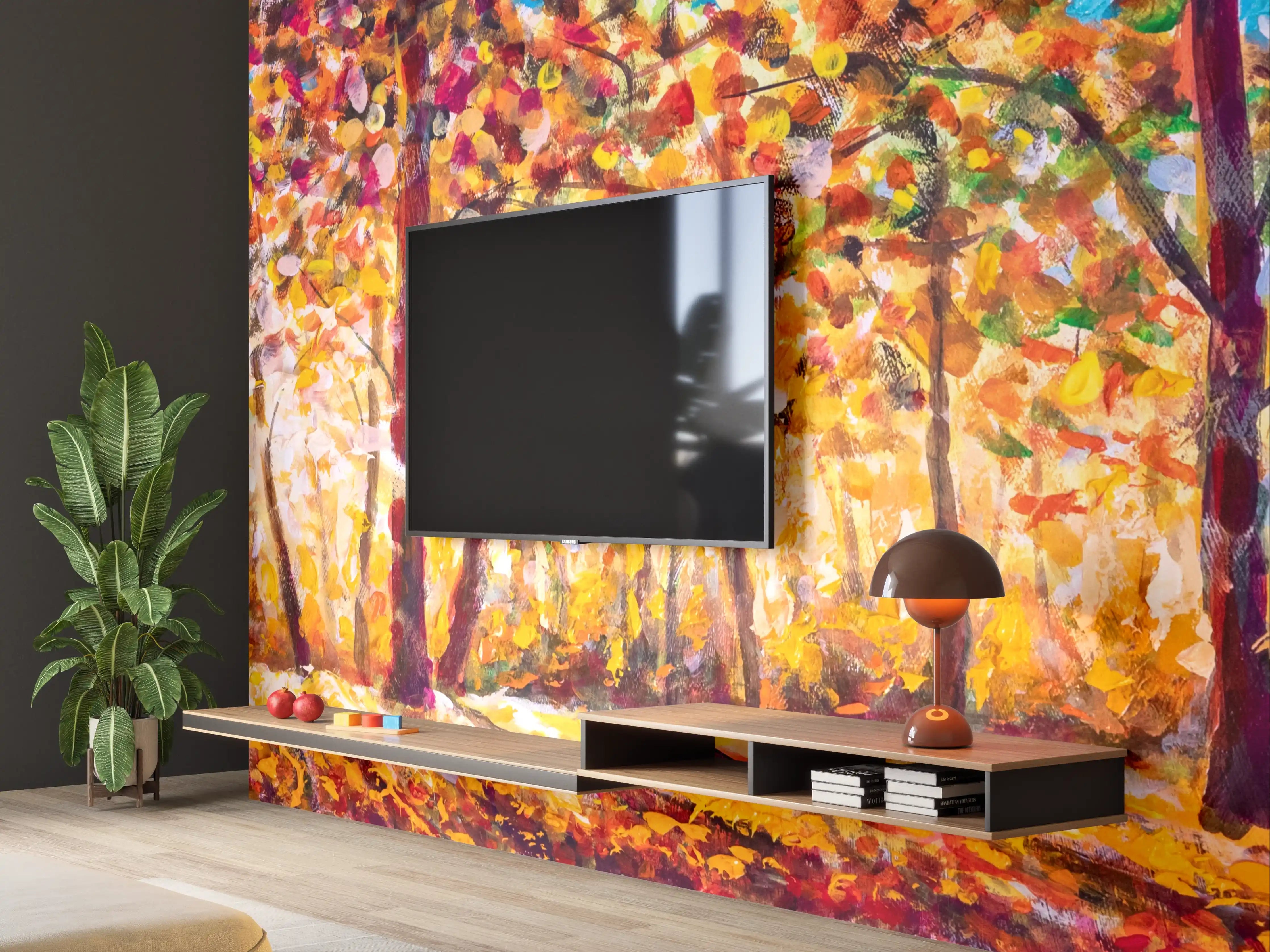 Wandverkleidung Wohnzimmer - Herbstlicher Wald in lebendigen Farben