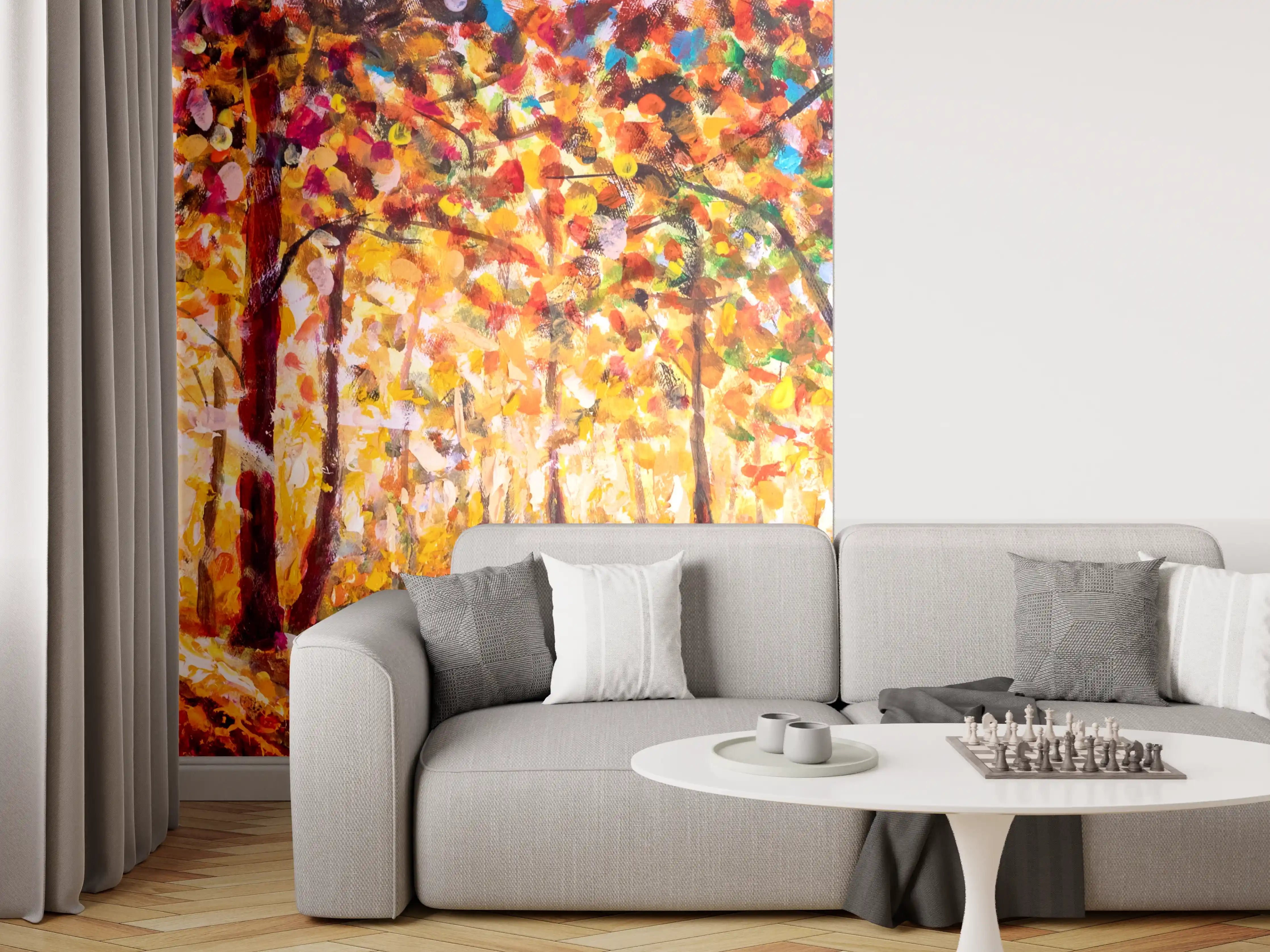 Wandverkleidung Wohnzimmer - Herbstlicher Wald in lebendigen Farben