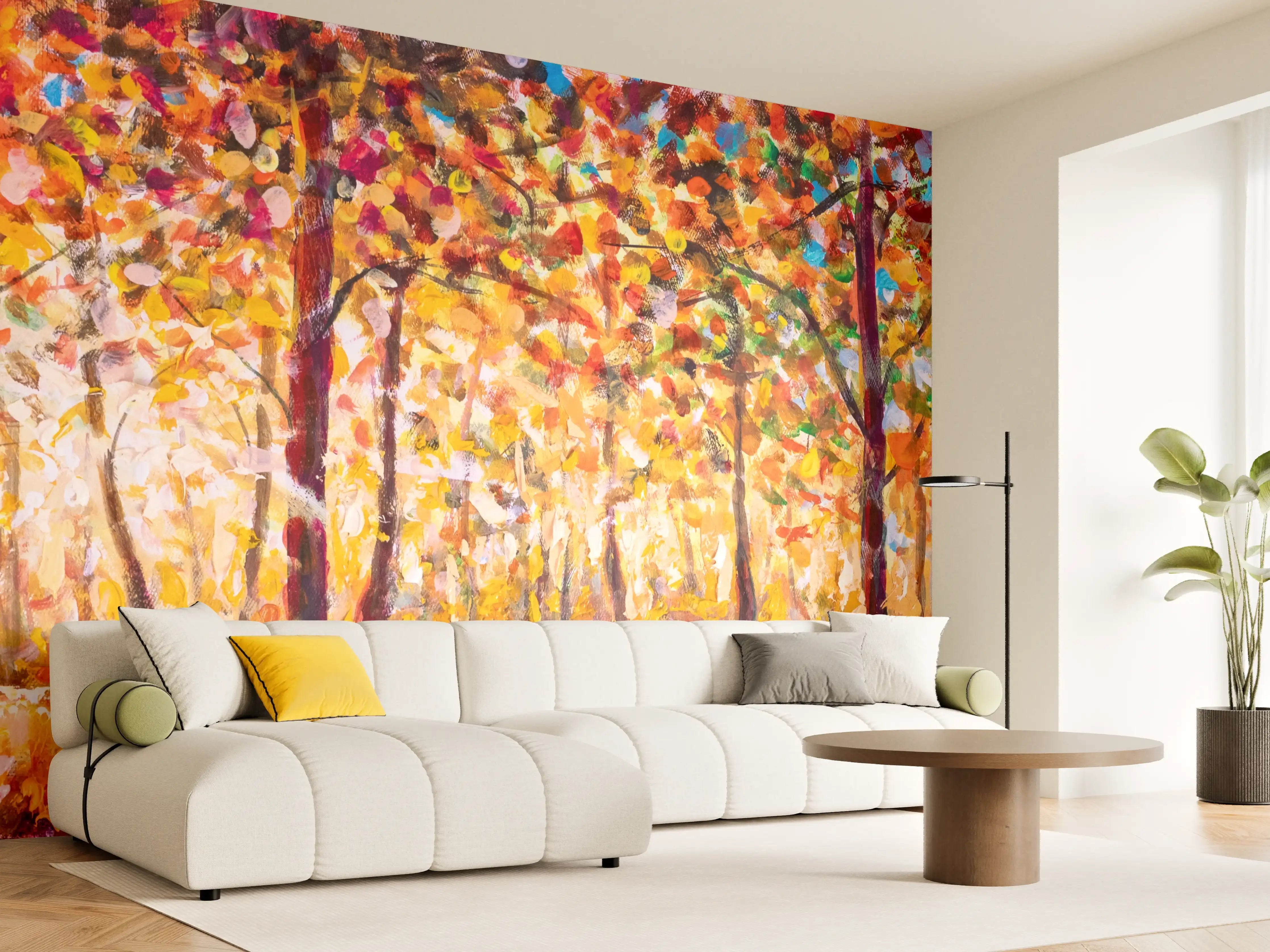 Wandverkleidung Wohnzimmer - Herbstlicher Wald in lebendigen Farben