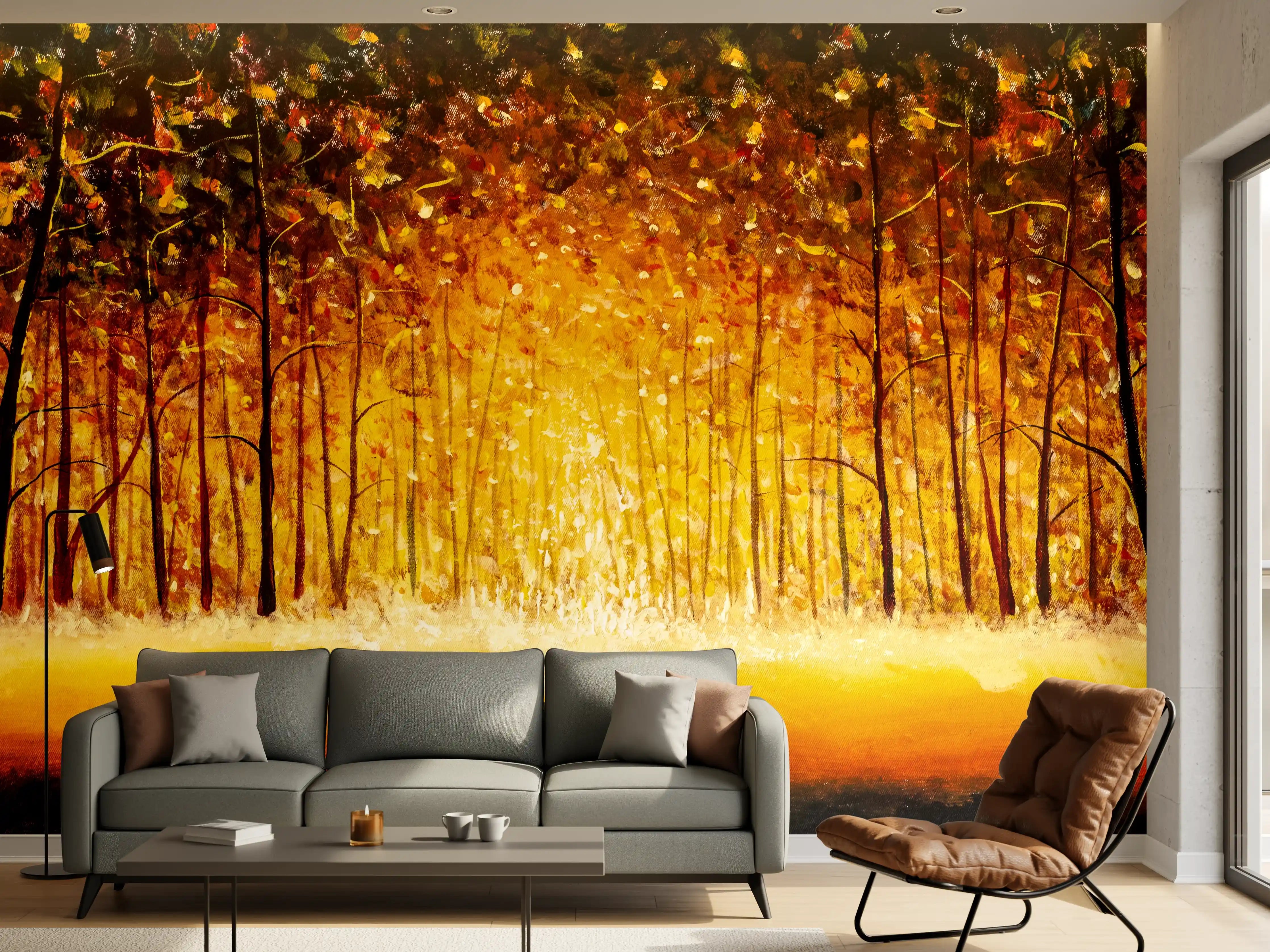 Wandverkleidung Wohnzimmer - Herbstlicher Wald in warmen Farben