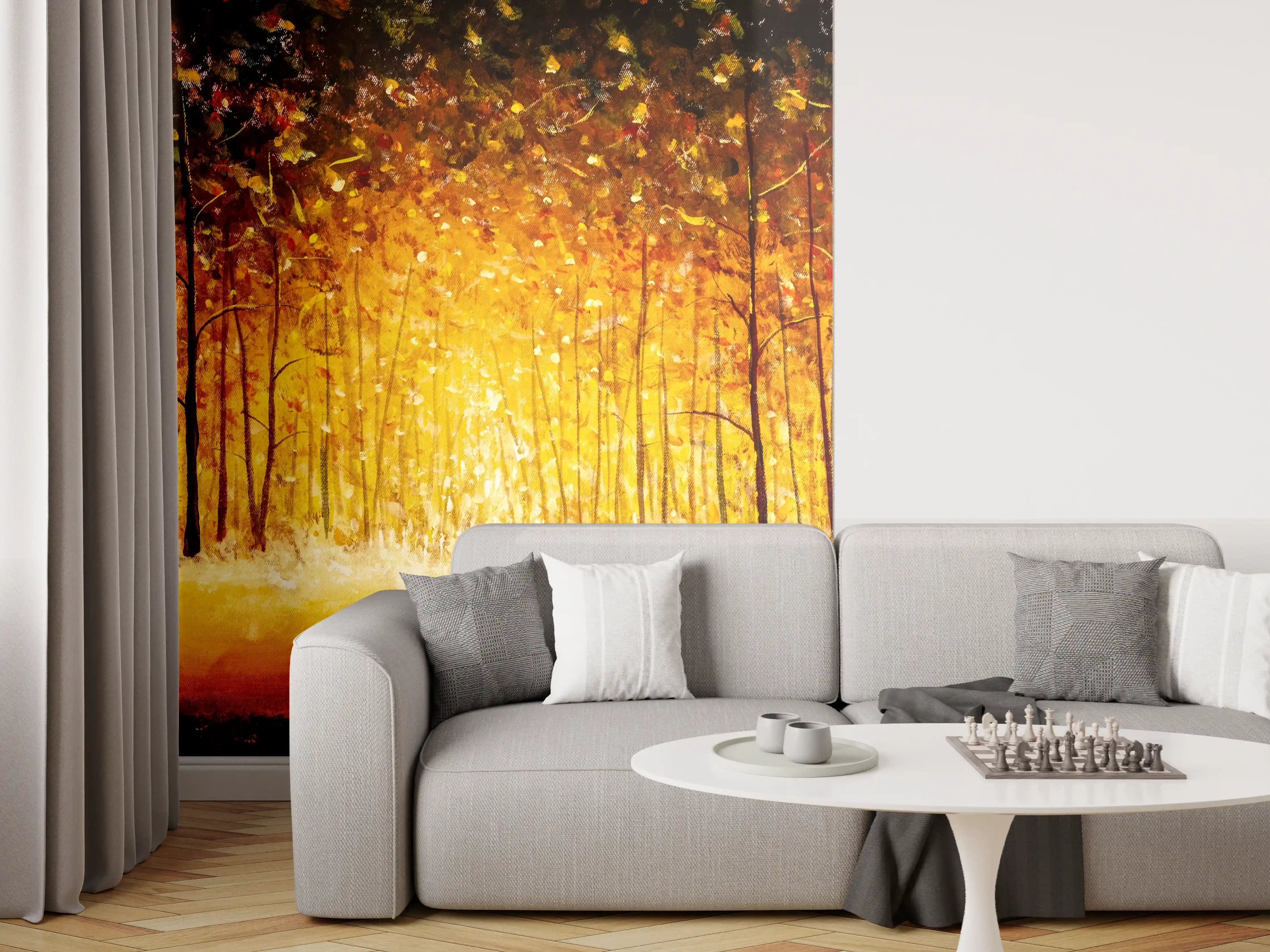 Wandverkleidung Wohnzimmer - Herbstlicher Wald in warmen Farben