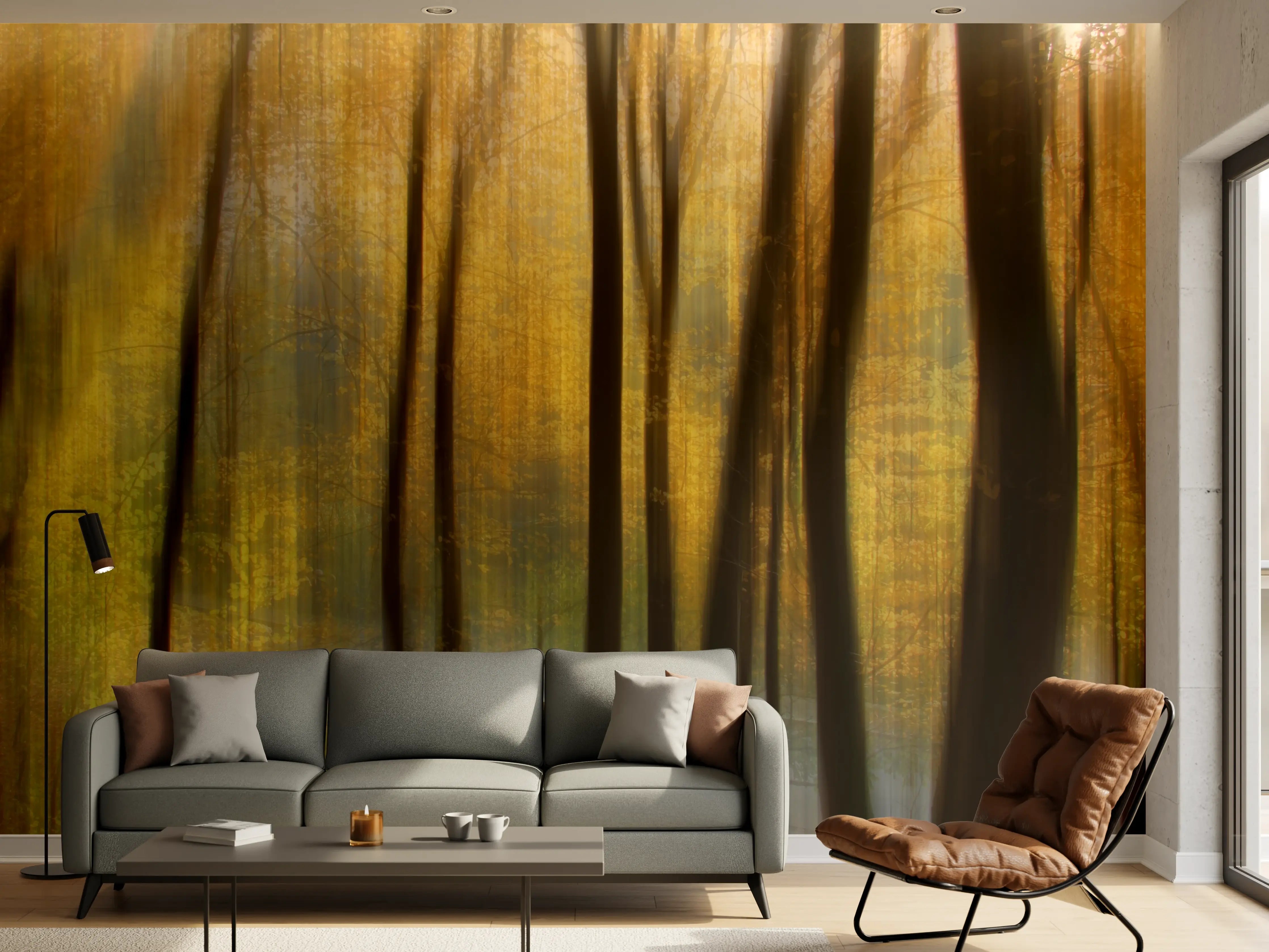 Wandverkleidung Wohnzimmer - Herbstlicher Waldboden mit Bäumen