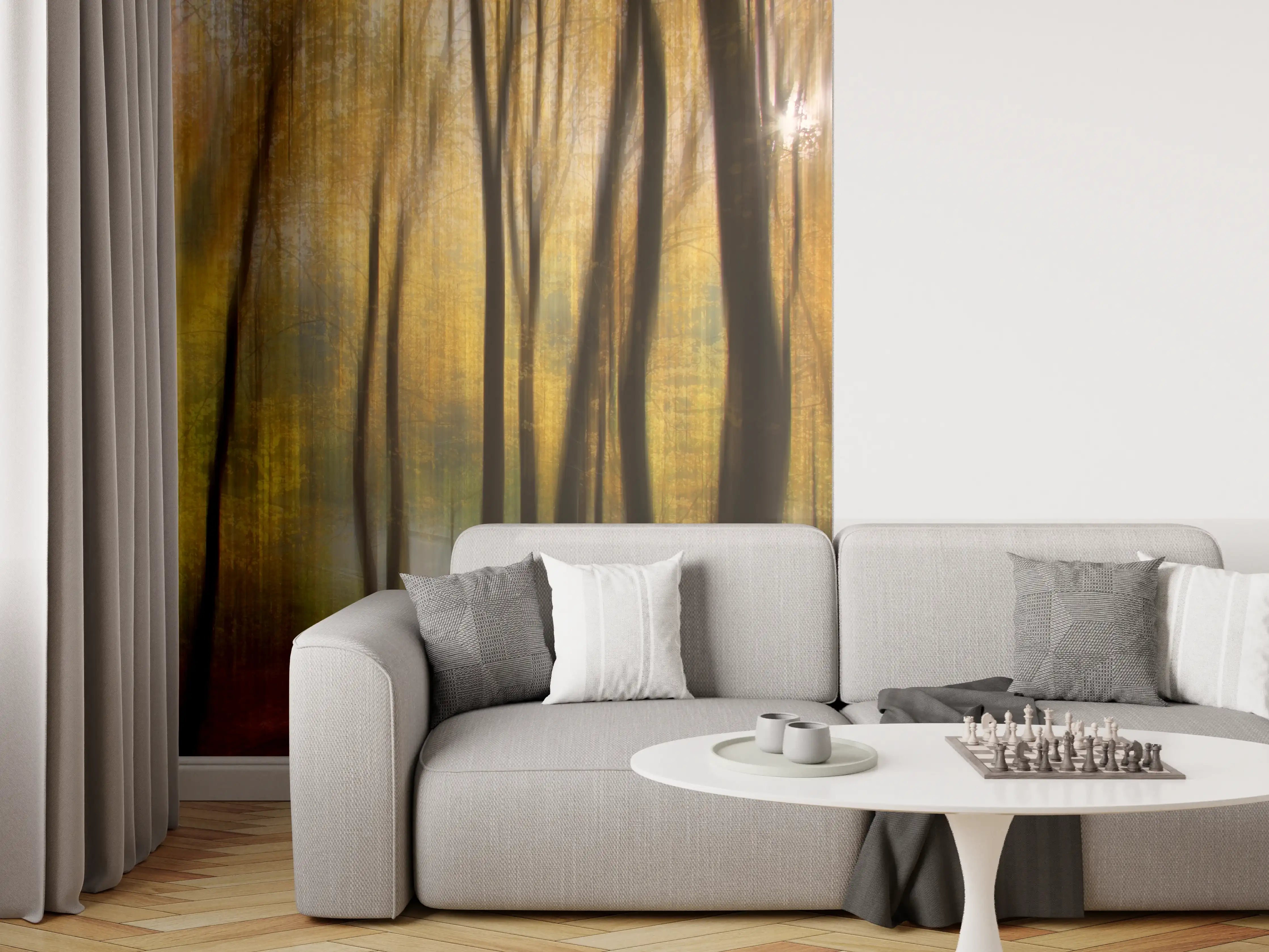 Wandverkleidung Wohnzimmer - Herbstlicher Waldboden mit Bäumen