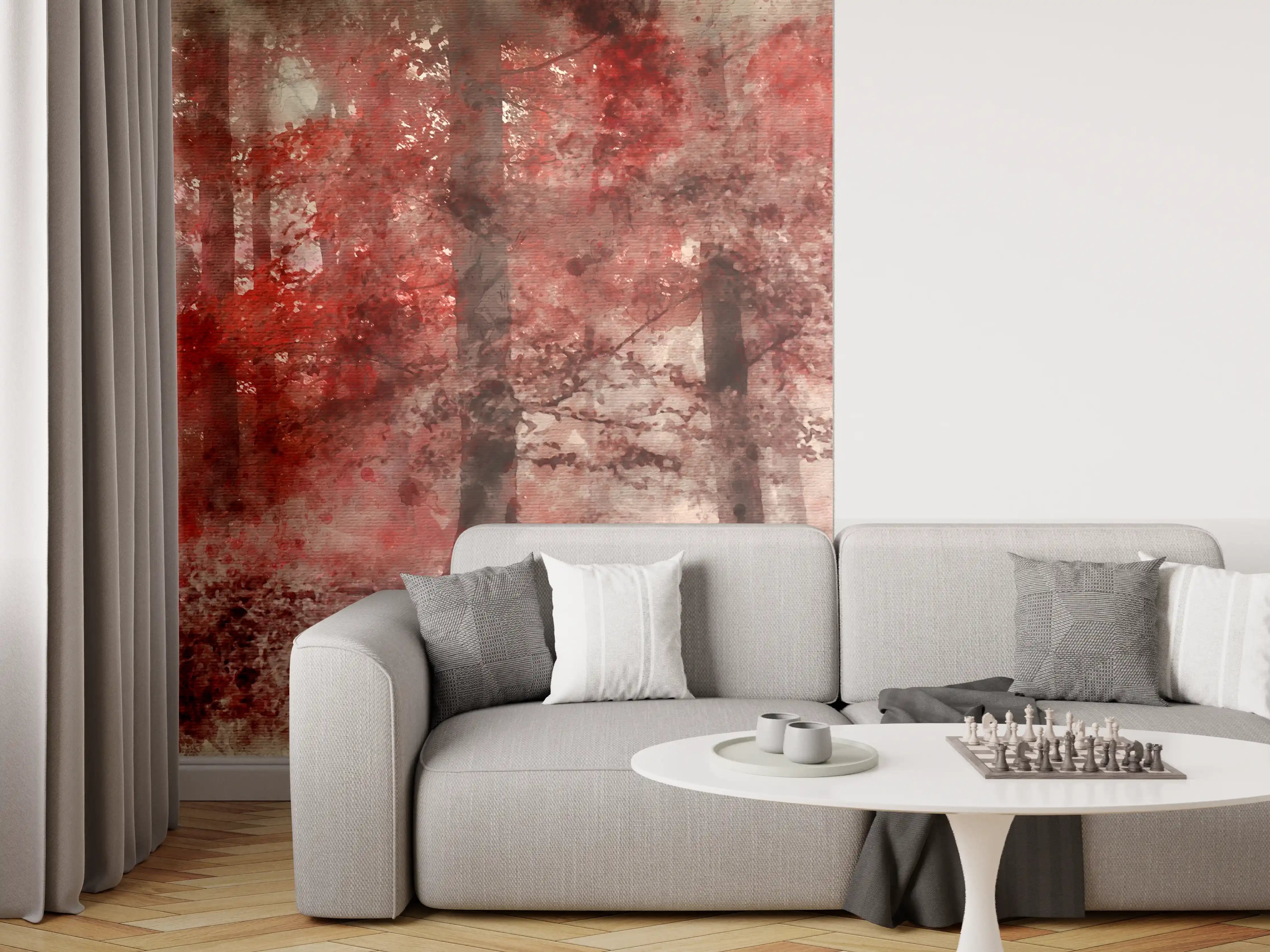 Wandverkleidung Wohnzimmer - Herbstlicher Waldspaziergang in Rot