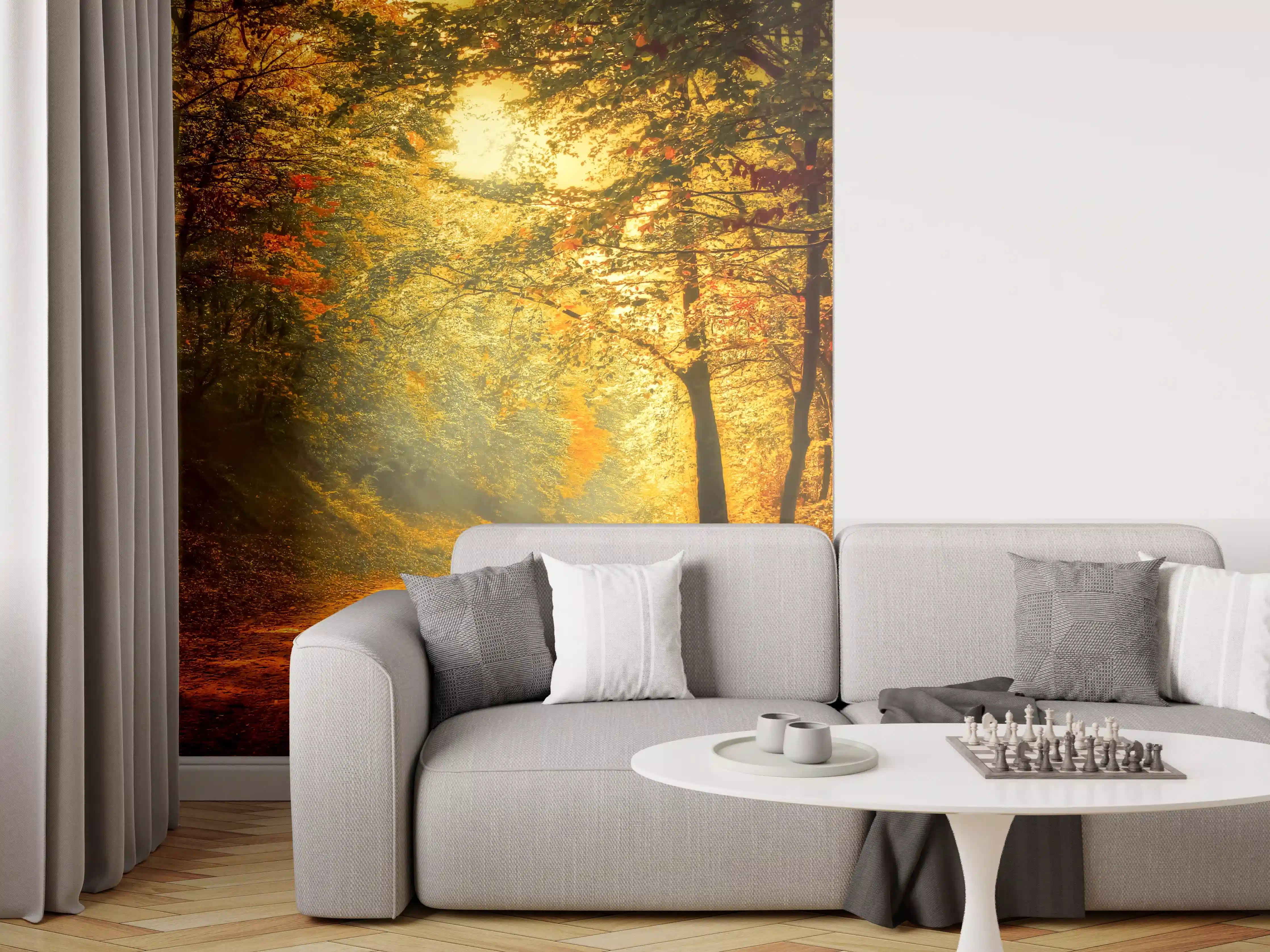 Wandverkleidung Wohnzimmer - Herbstlicher Waldweg bei Sonnenuntergang