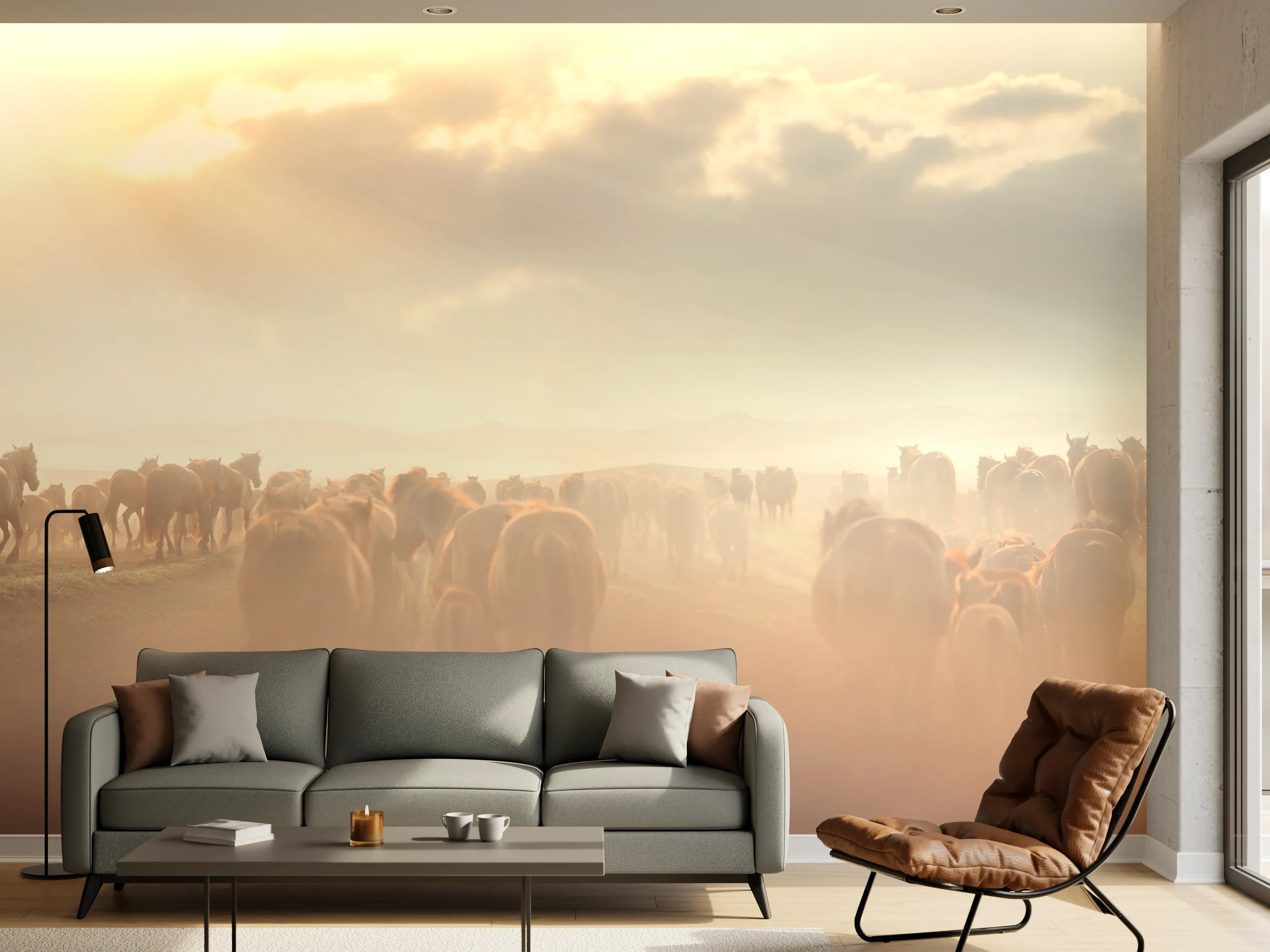 Wandverkleidung Wohnzimmer - Herde Wildpferde im Sonnenuntergang