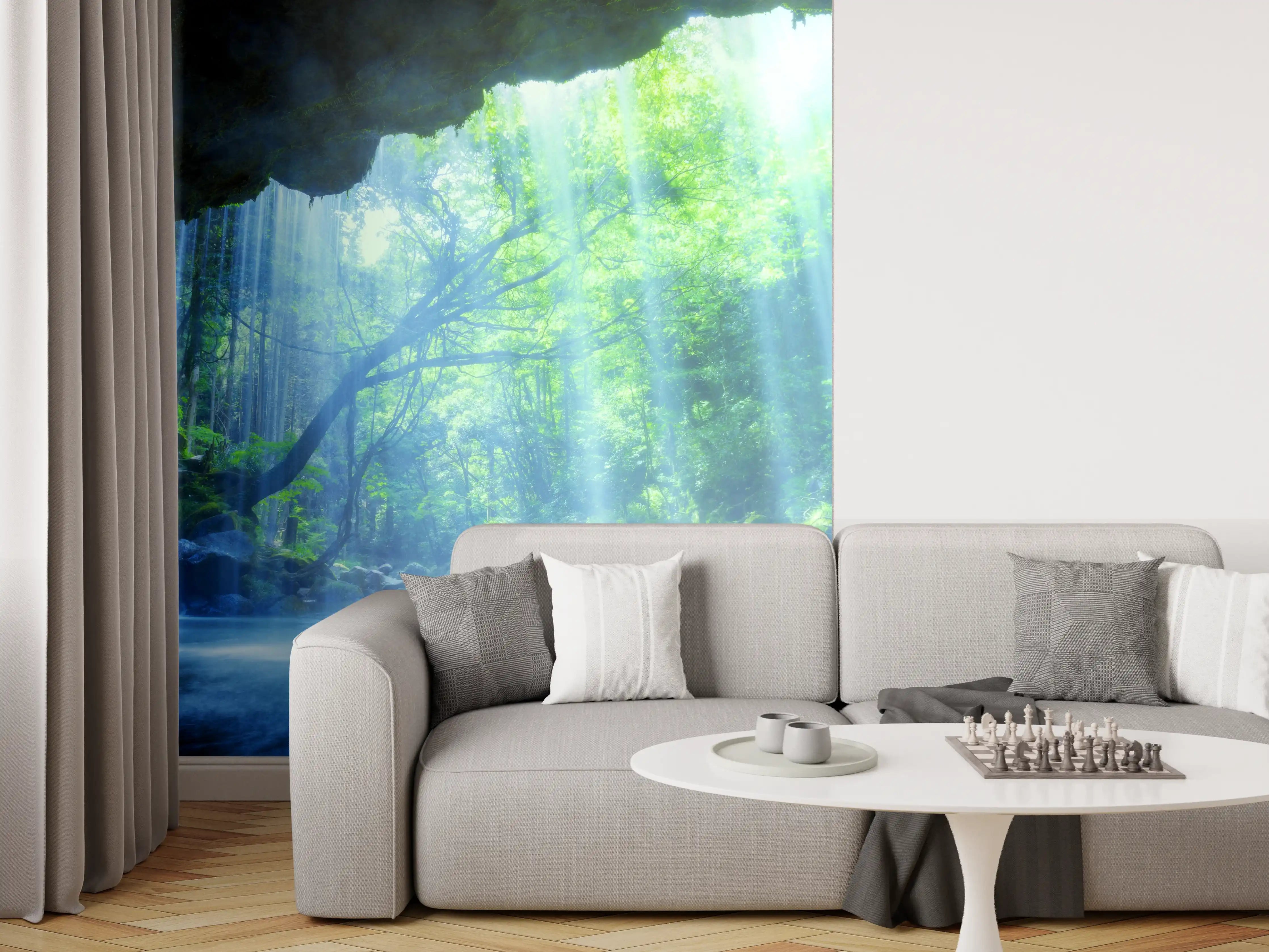 Wandverkleidung Wohnzimmer - Herrlicher Wasserfall im grünen Wald