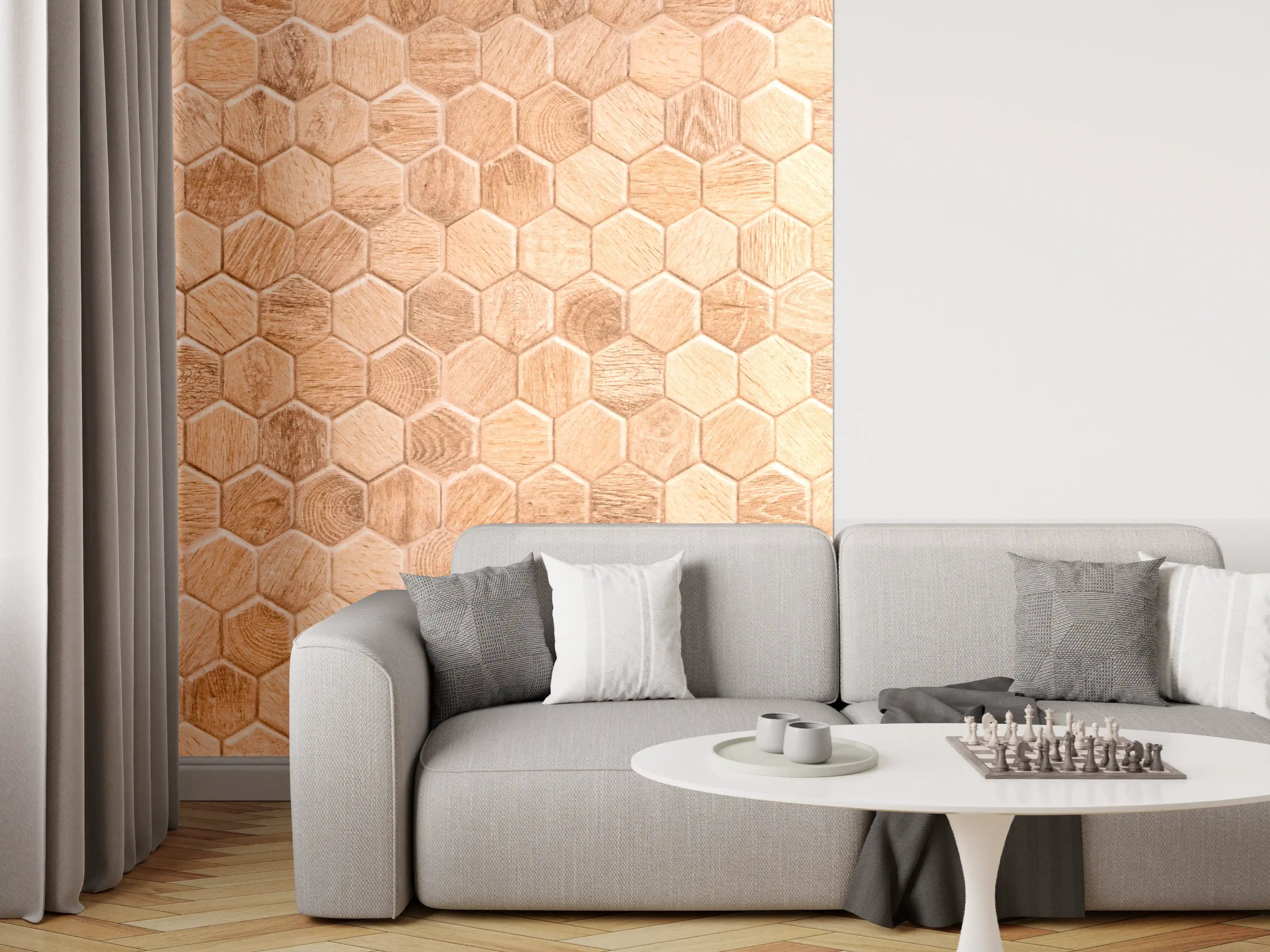 Wandverkleidung Wohnzimmer - Hexagon Holz Wabenmuster