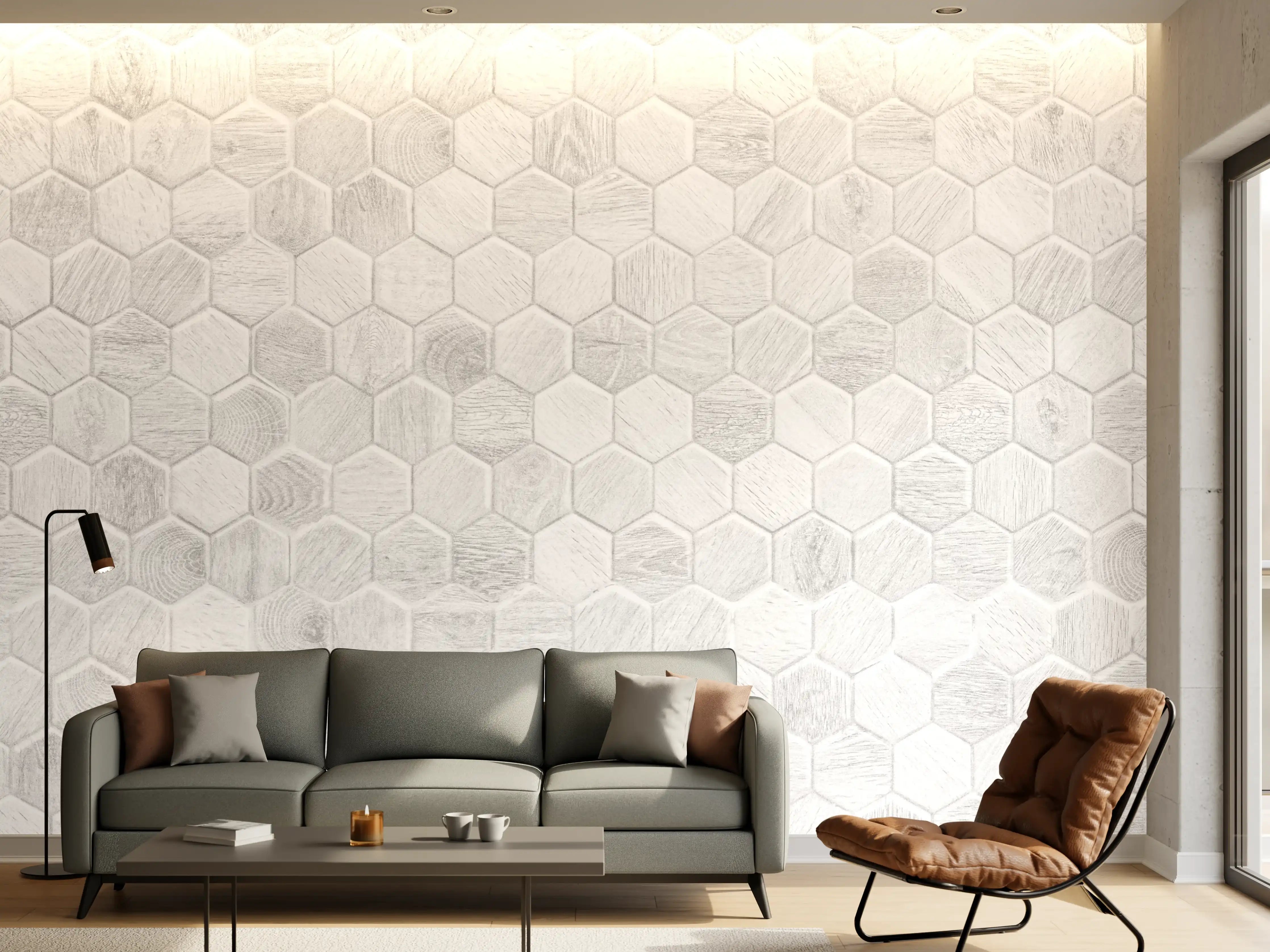 Wandverkleidung Wohnzimmer - Hexagon-Holzpaneele Grau-Weiß