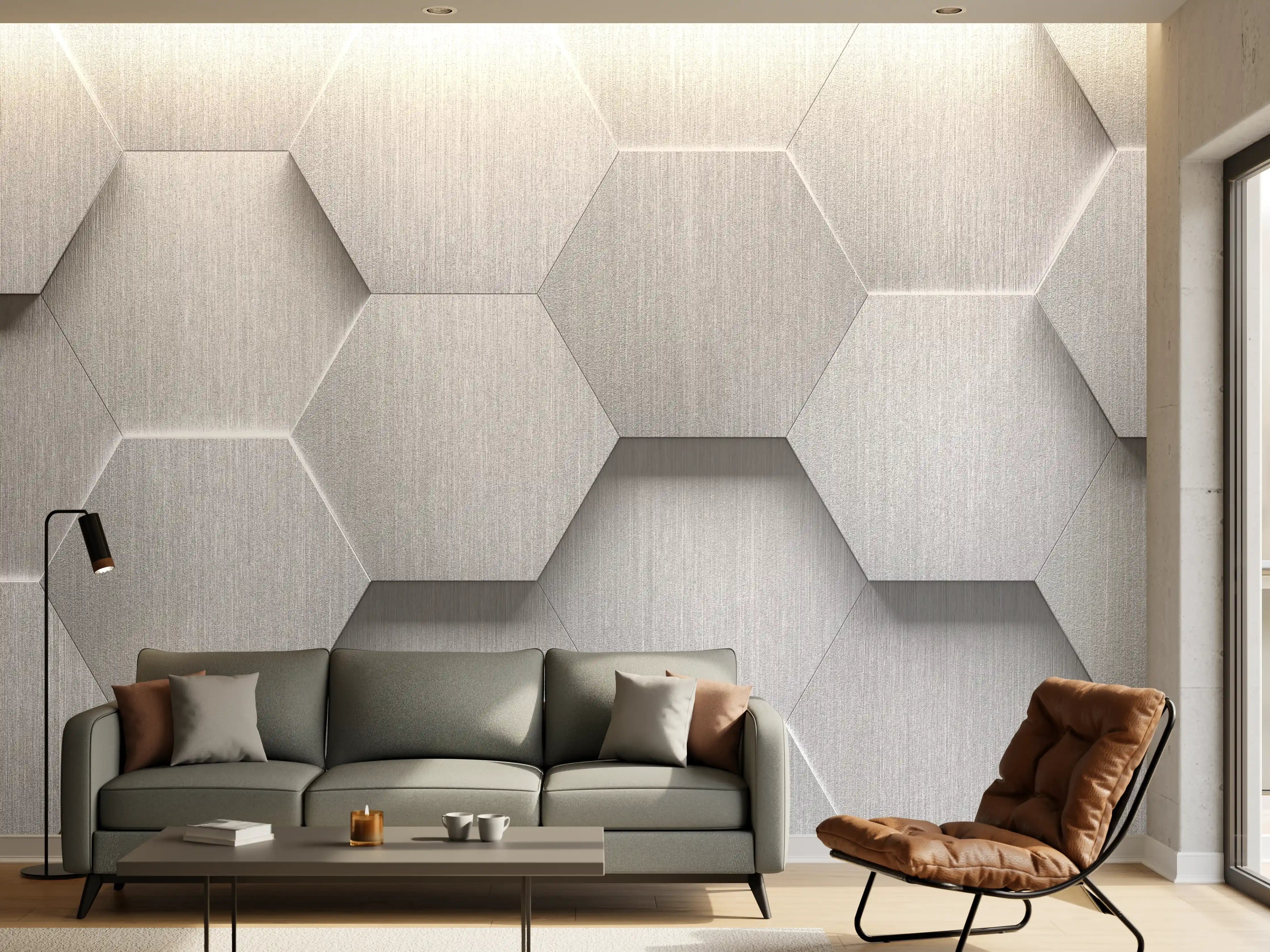 Wandverkleidung Wohnzimmer - Hexagon Metallstruktur Grau-Weiß