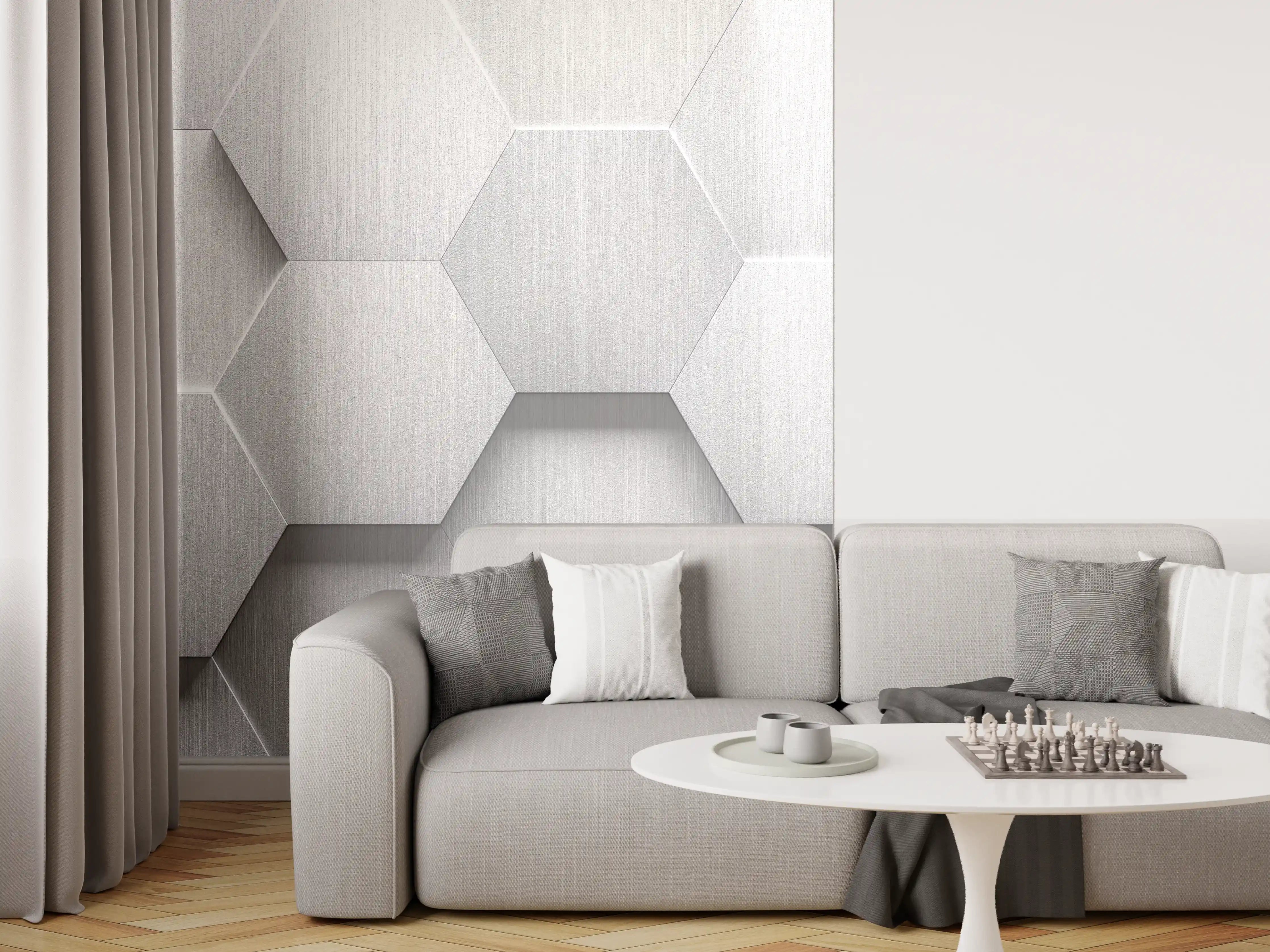 Wandverkleidung Wohnzimmer - Hexagon Metallstruktur Grau-Weiß