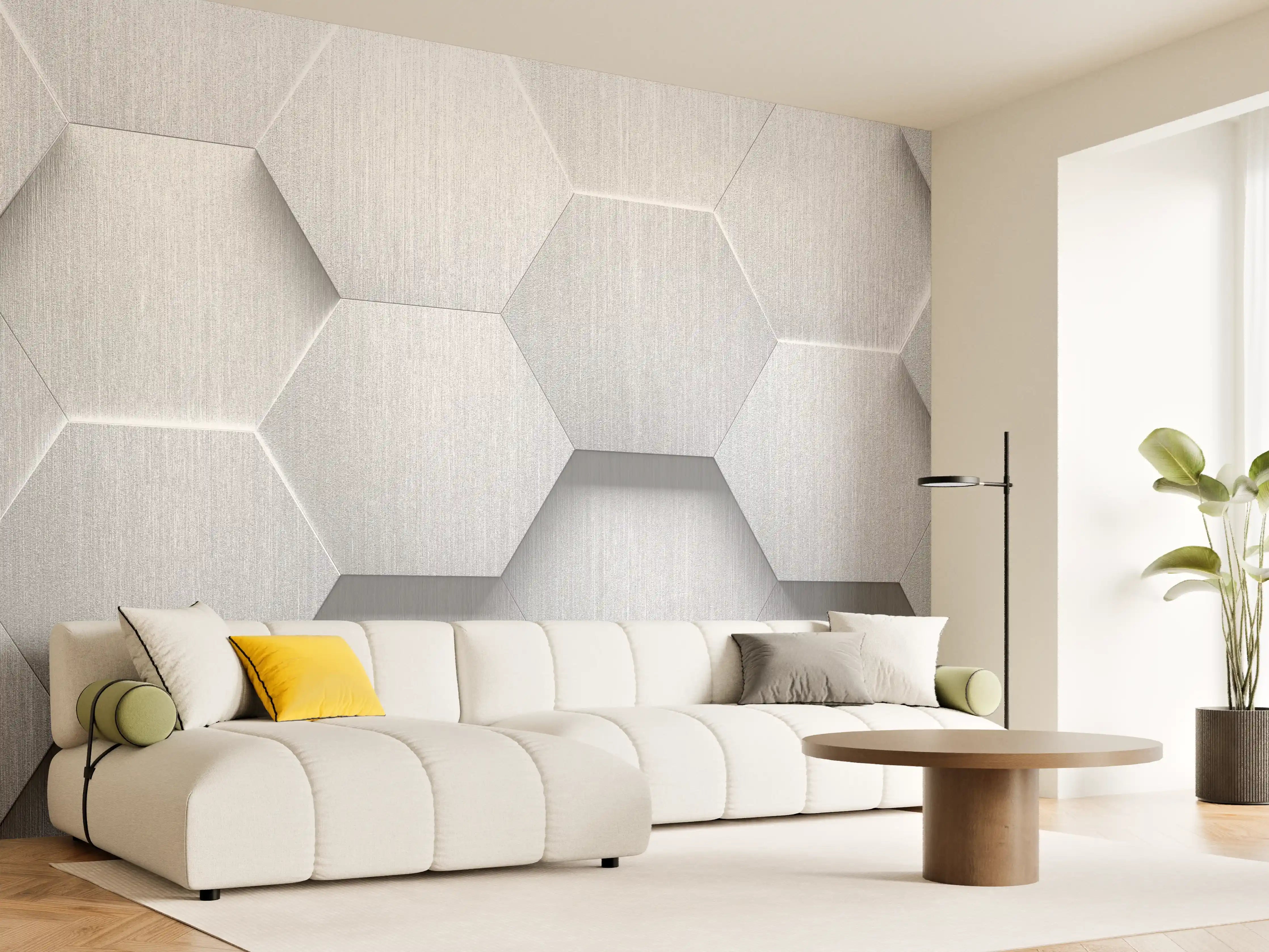 Wandverkleidung Wohnzimmer - Hexagon Metallstruktur Grau-Weiß