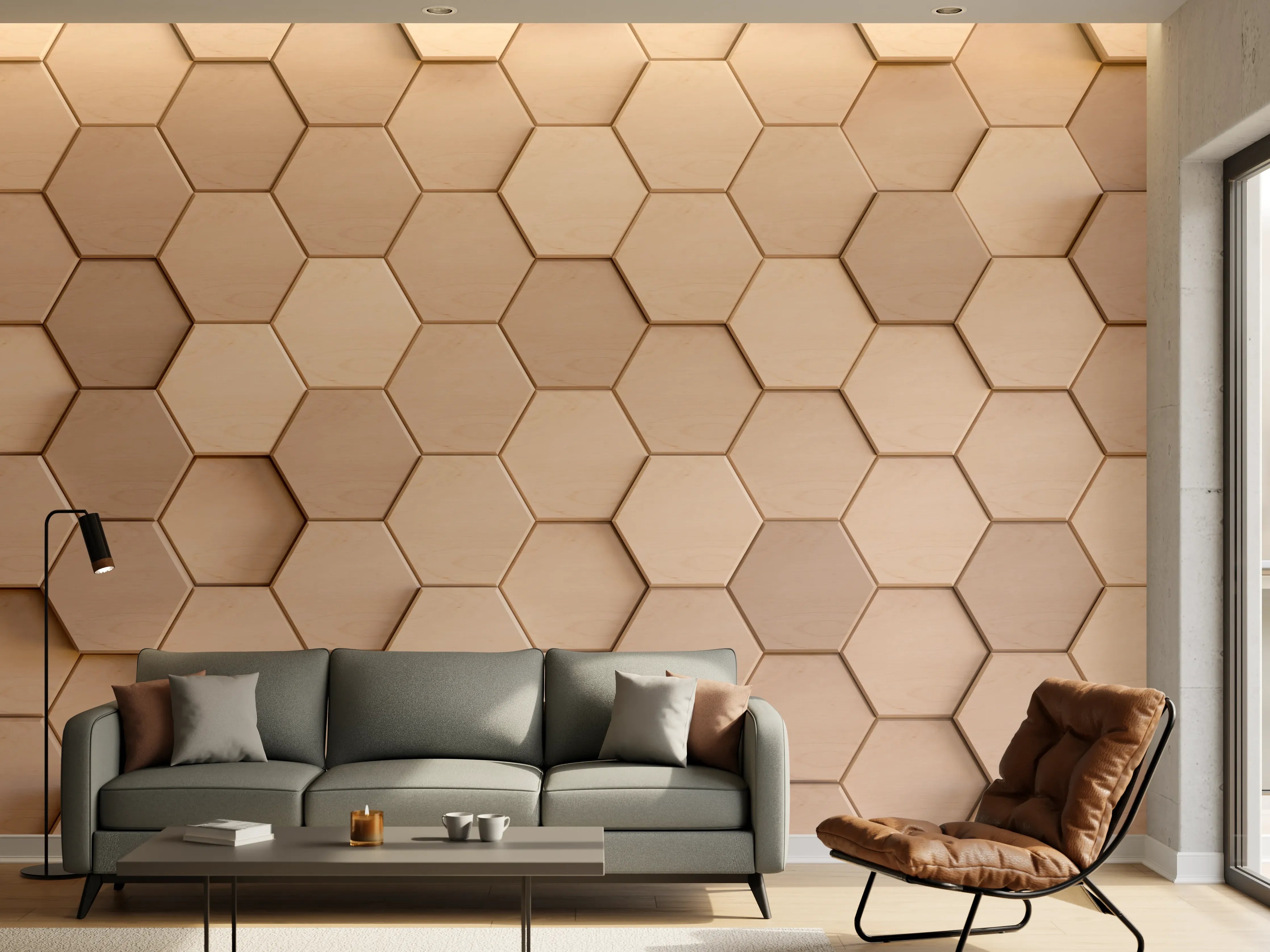 Wandverkleidung Wohnzimmer - Hexagonale Holzstruktur für modernes Design