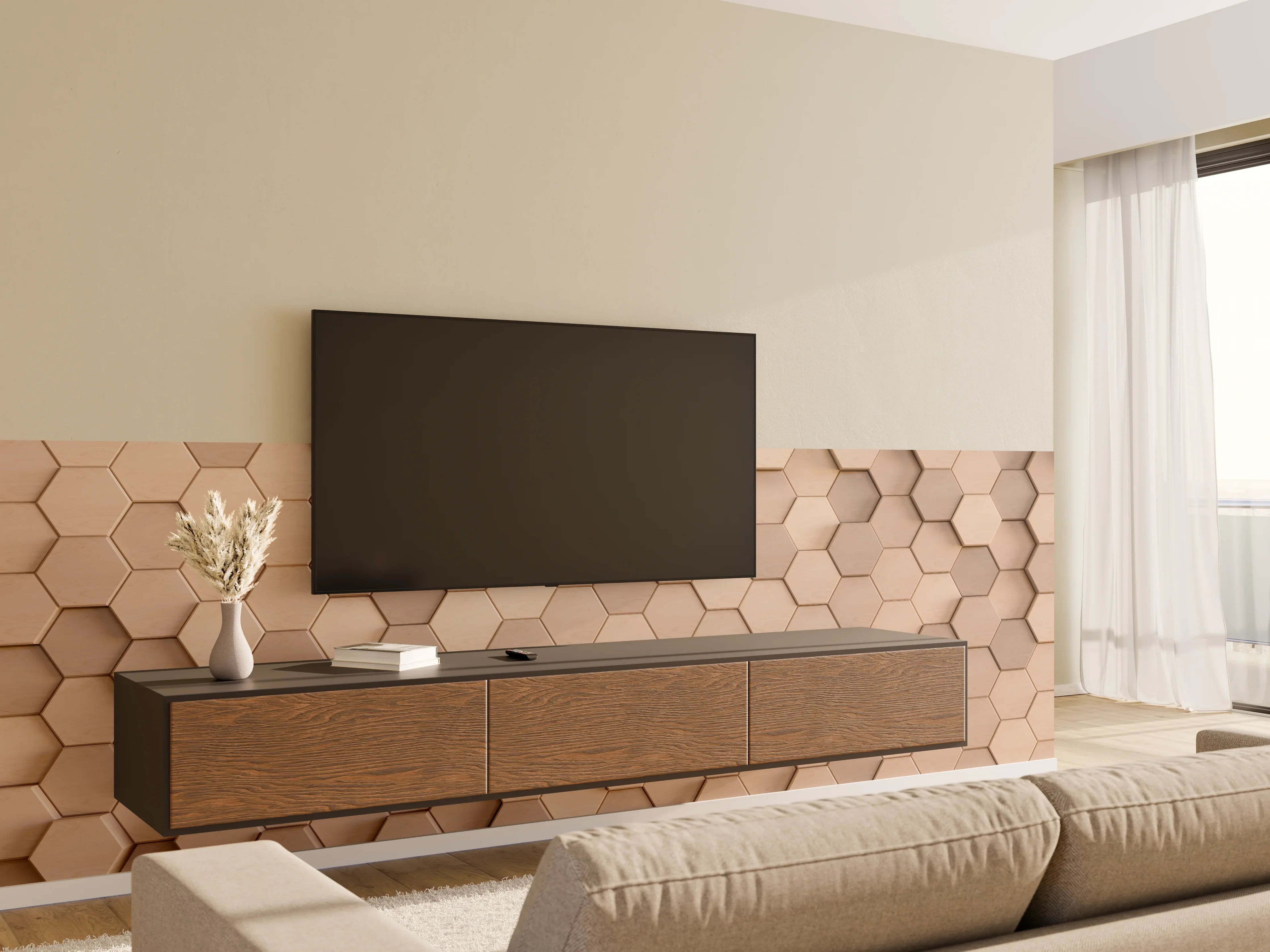 Wandverkleidung Wohnzimmer - Hexagonale Holzstruktur für modernes Design