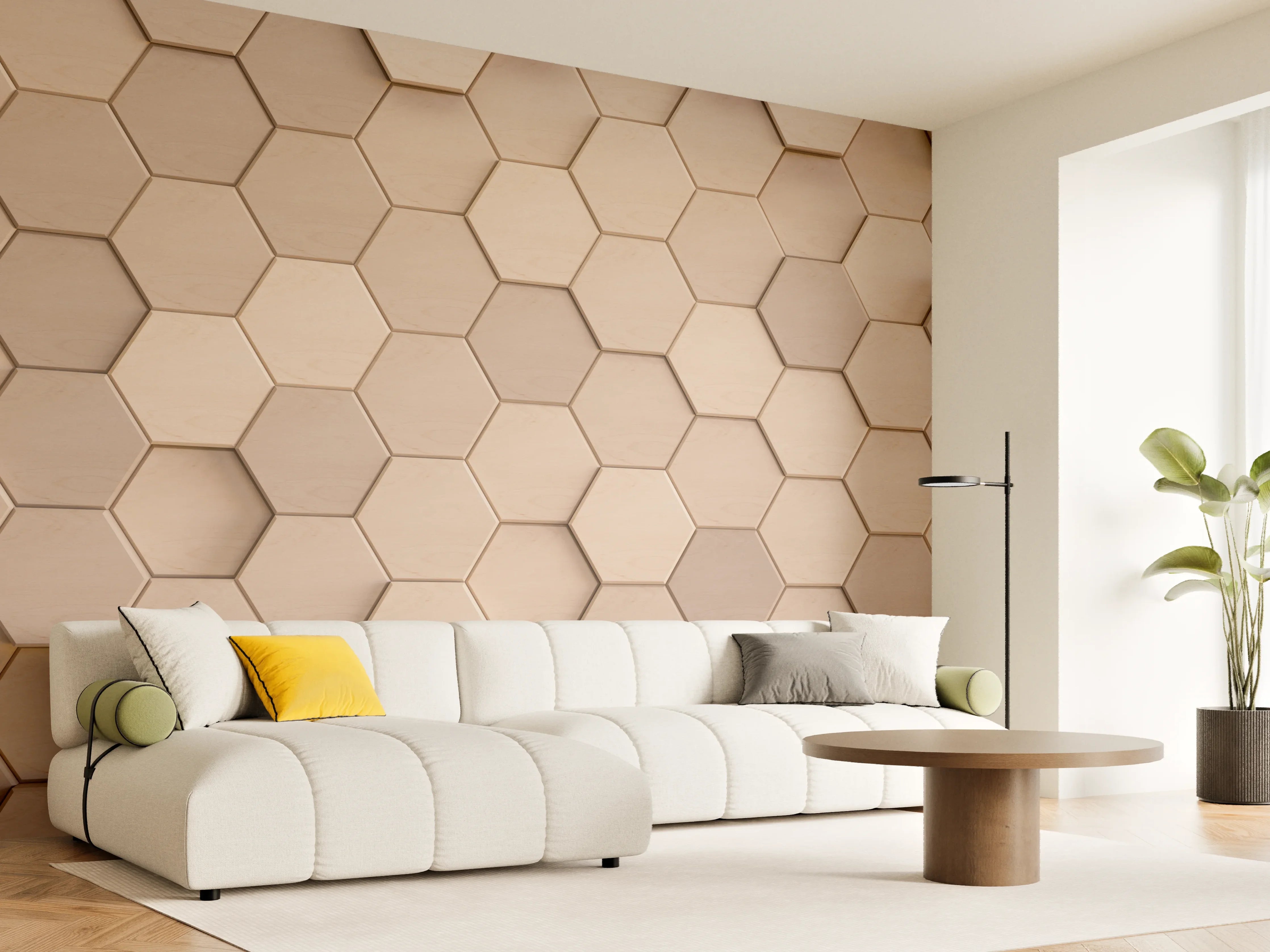 Wandverkleidung Wohnzimmer - Hexagonale Holzstruktur für modernes Design
