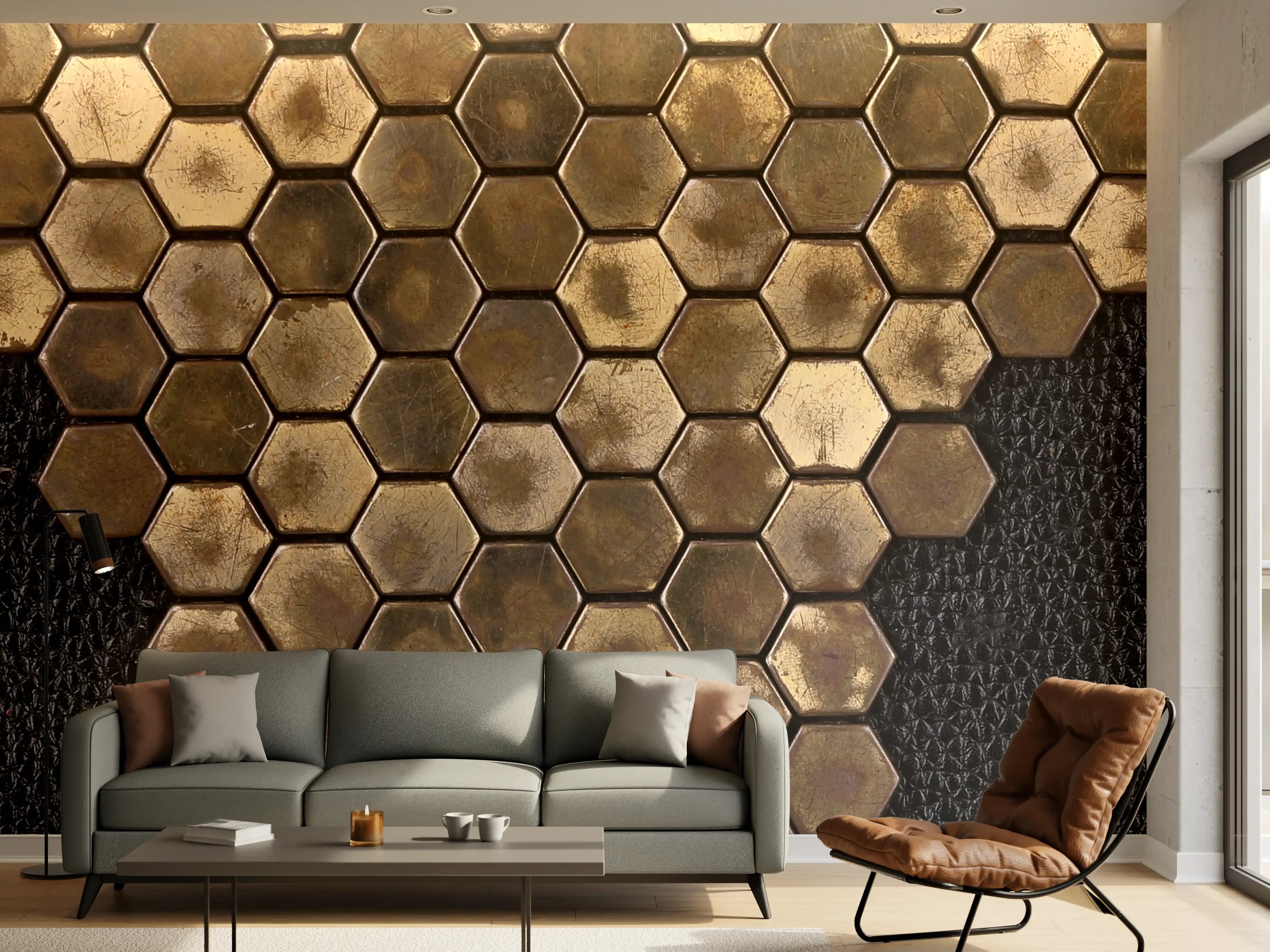 Wandverkleidung Wohnzimmer - Hexagonale Muster in Erdtönen