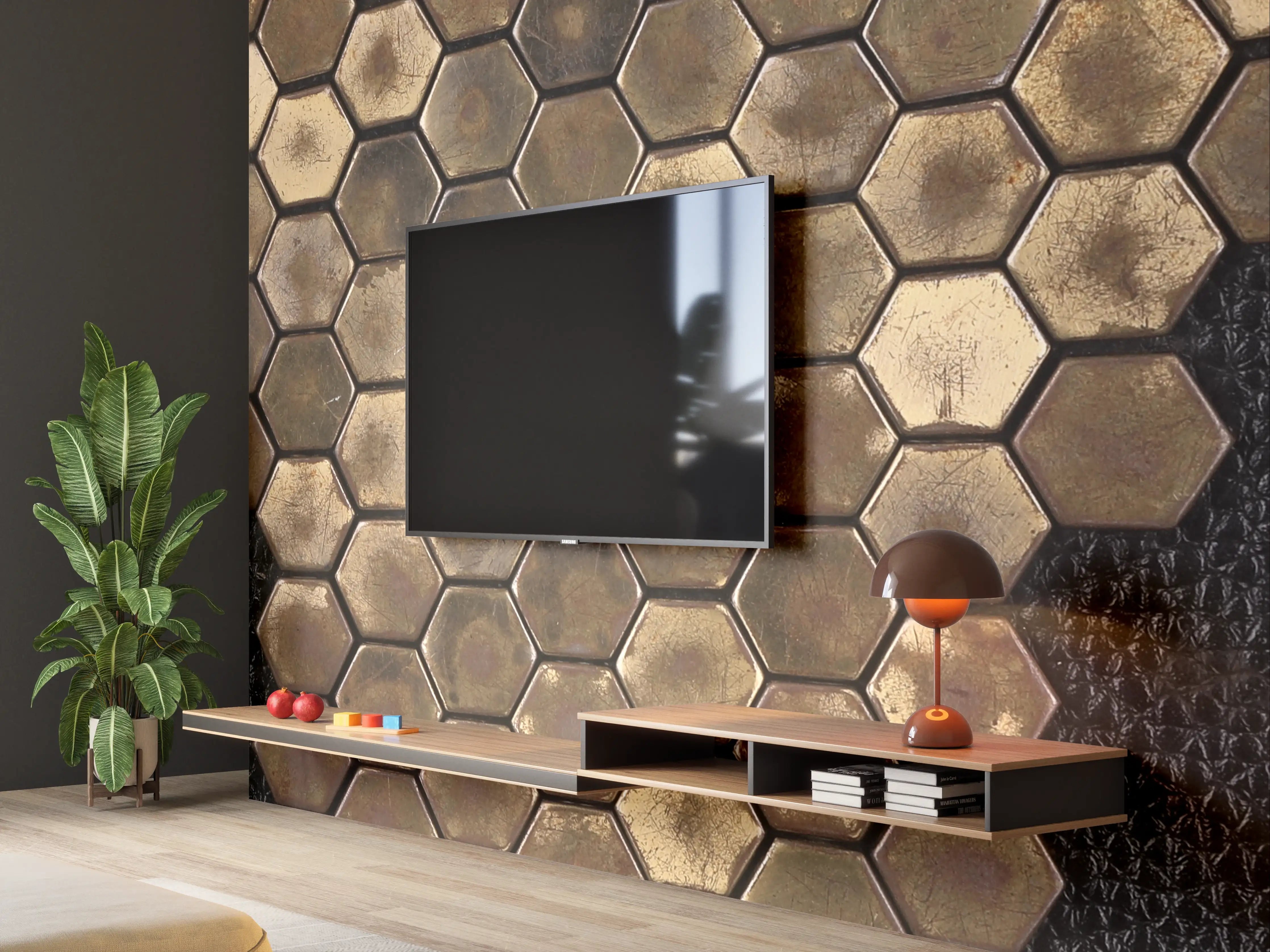 Wandverkleidung Wohnzimmer - Hexagonale Muster in Erdtönen