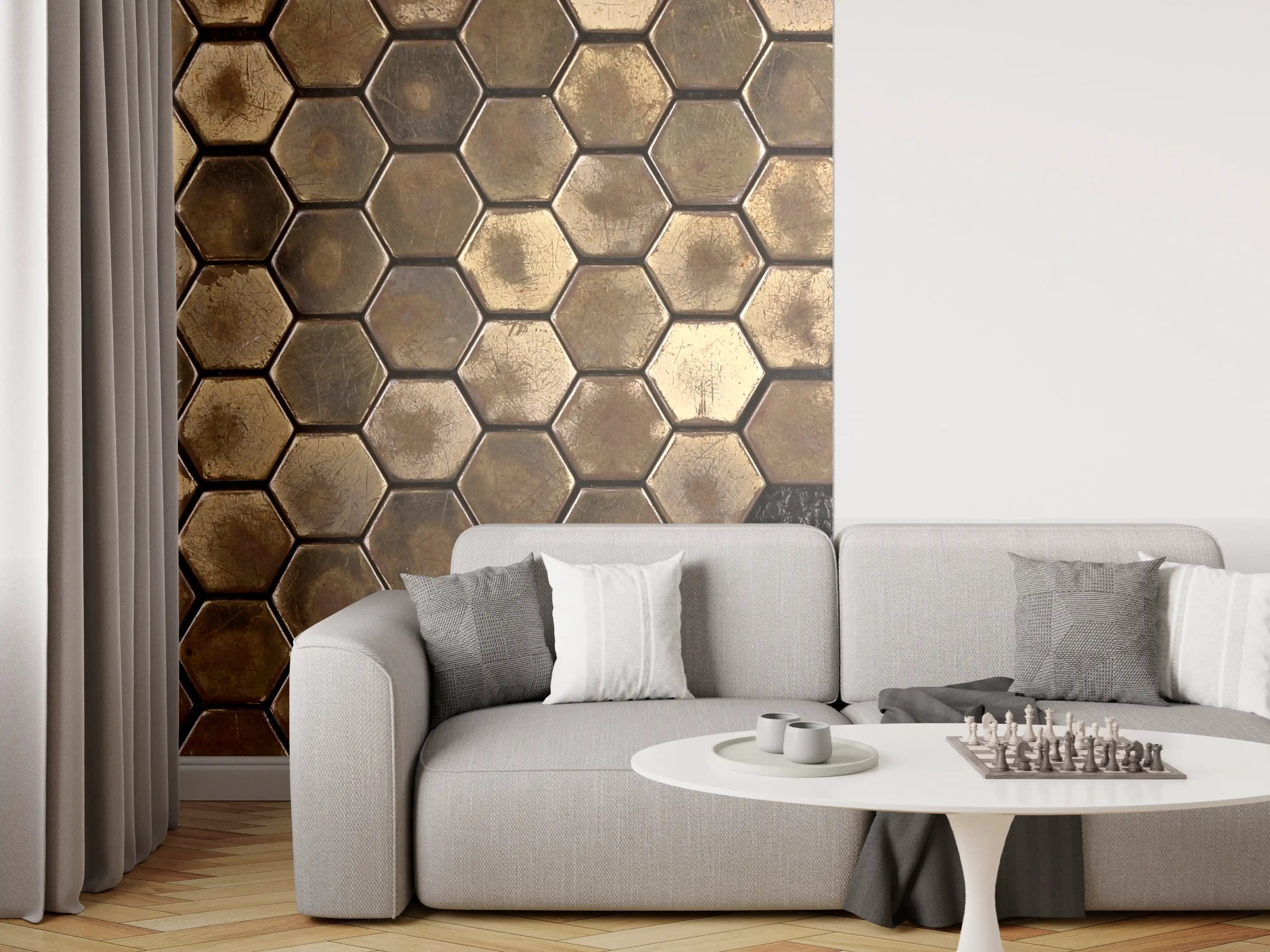 Wandverkleidung Wohnzimmer - Hexagonale Muster in Erdtönen