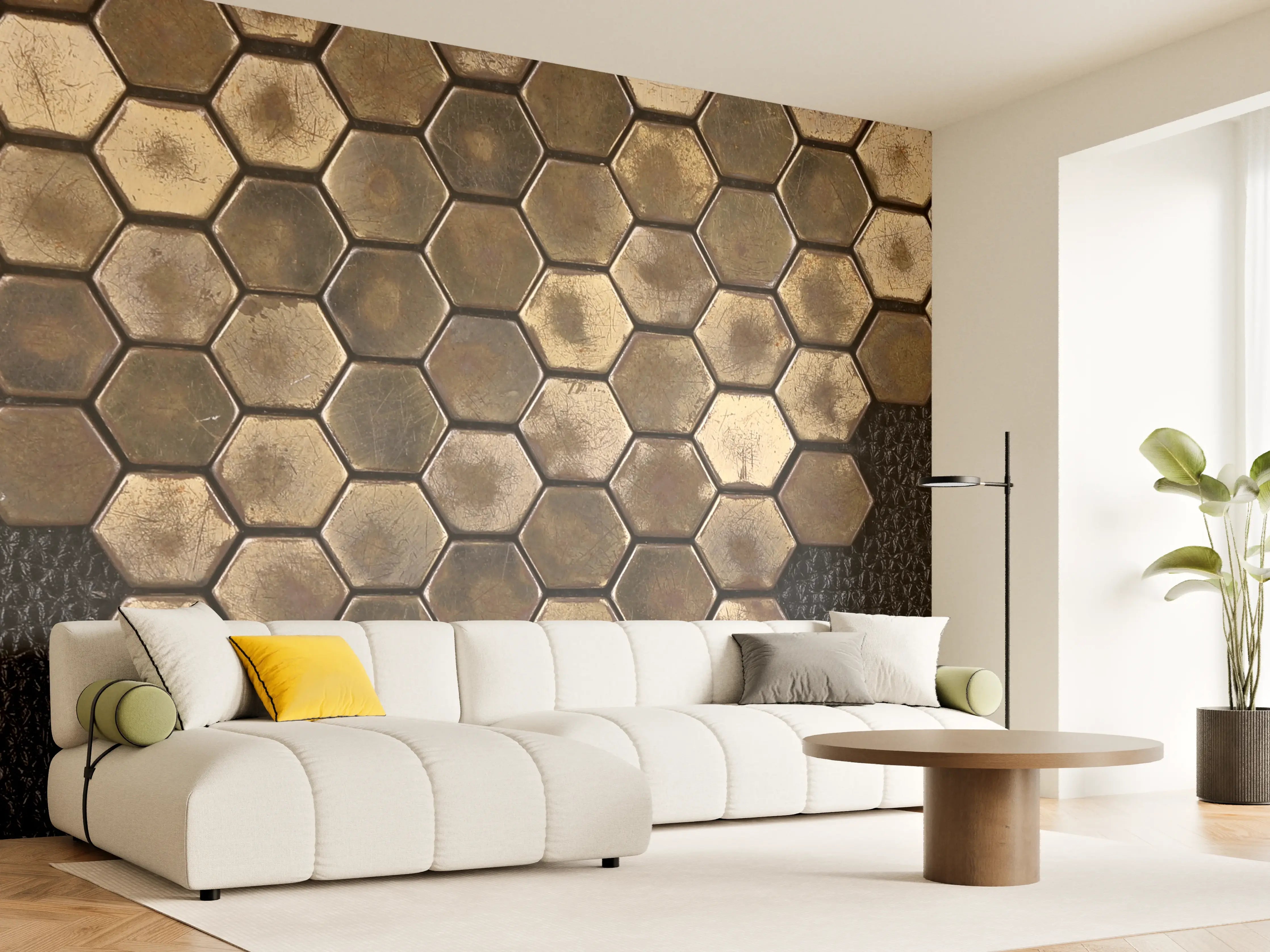 Wandverkleidung Wohnzimmer - Hexagonale Muster in Erdtönen