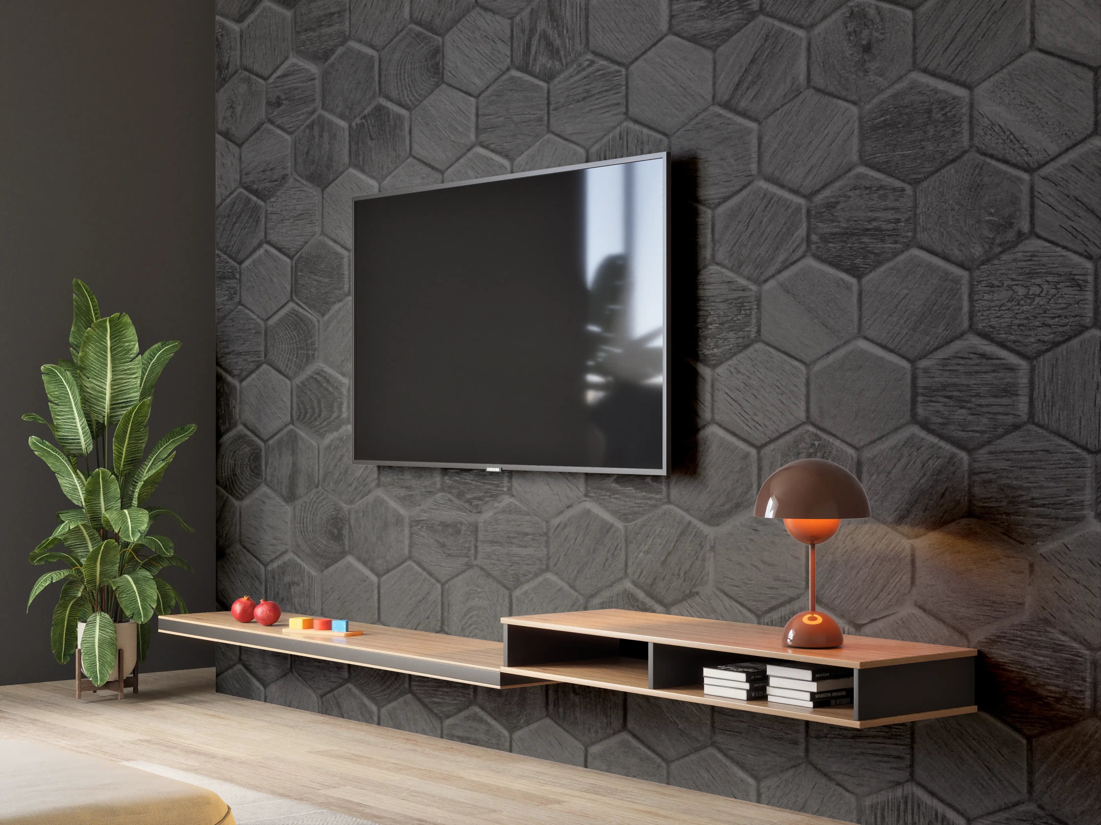 Wandverkleidung Wohnzimmer - Hexagonales Holz Wabenmuster
